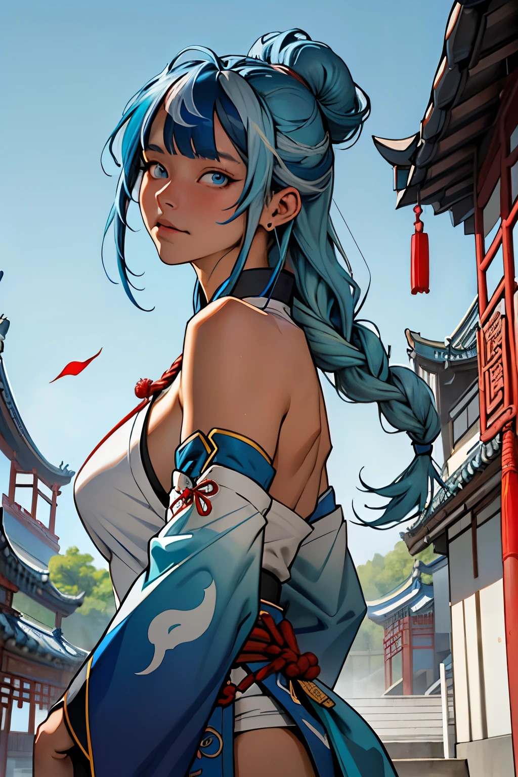 One girl, blue eyes, teal hair, (((blue-streaked teal hair))), french braids, delicate and flexible eyes, sorceress attire, FOV, f/1.8, masterpiece, feudal japan architecture background, blue sky, falling leaves, front portrait shot, face focus, 8K, ((bare shoulders)), (cloak), front bangs, (((asymmetrical hair))), priestess, (((female Traditional Chinese priestess blue attire))), looking at viewers, (((big breasts))), (((untied hair))), (((detached sleeves))),  from front, face photoshot  Genshin Impact