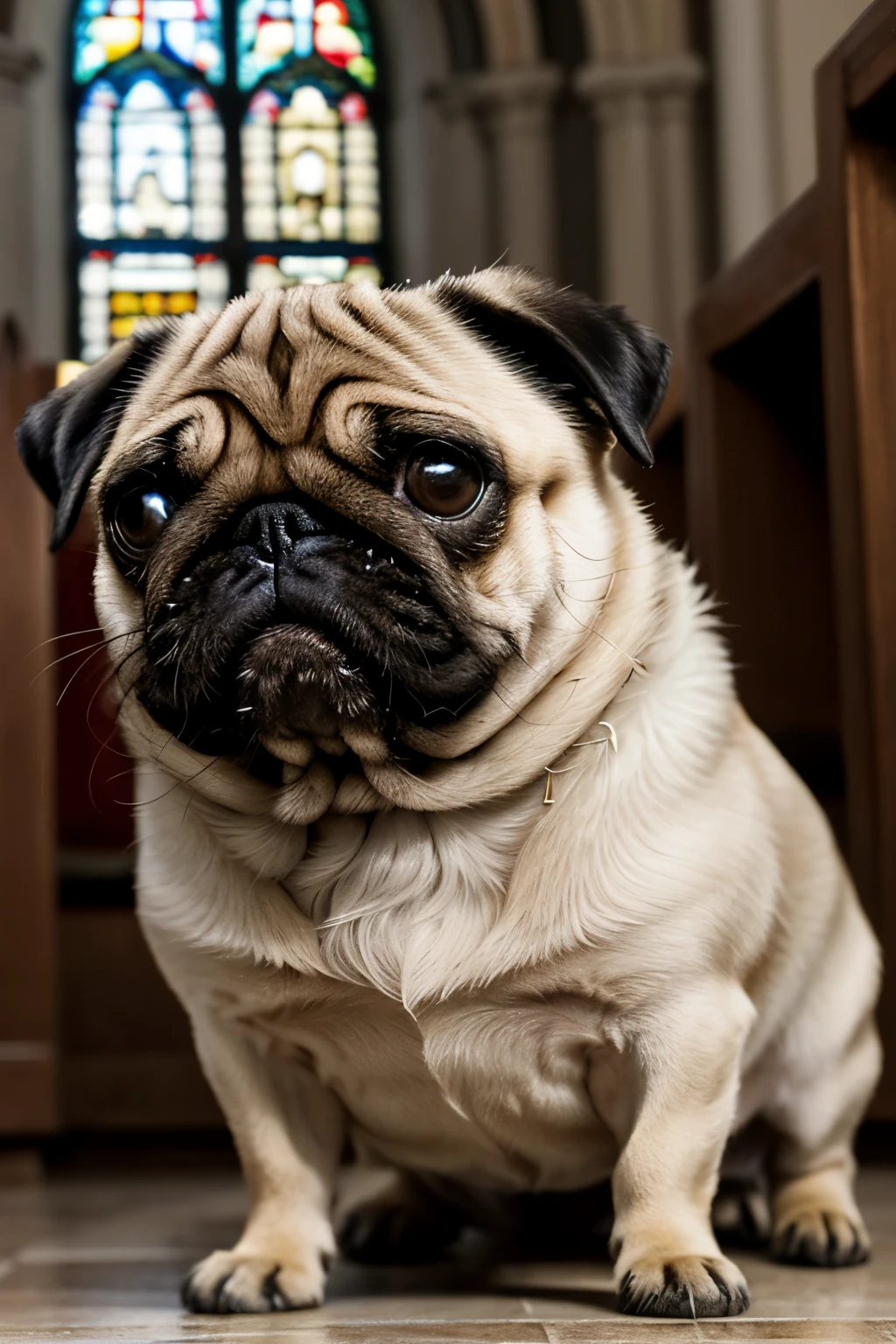 Un adorable pug de pelaje canela, con ojos grandes y expresivos, se encuentra en medio de una pintoresca iglesia de piedra. Natural light filters through the stained glass windows, creando un ambiente suave y sereno. El pug, con su cabeza ligeramente inclinada y curiosa, parece fascinado por el entorno sagrado que lo rodea. Con su pelaje suave y detallado, each hair is distinguished in this hyper-detailed photograph. Sharp focus highlights the peculiar wrinkles and features of the pug&#39;s face, making it look almost trid