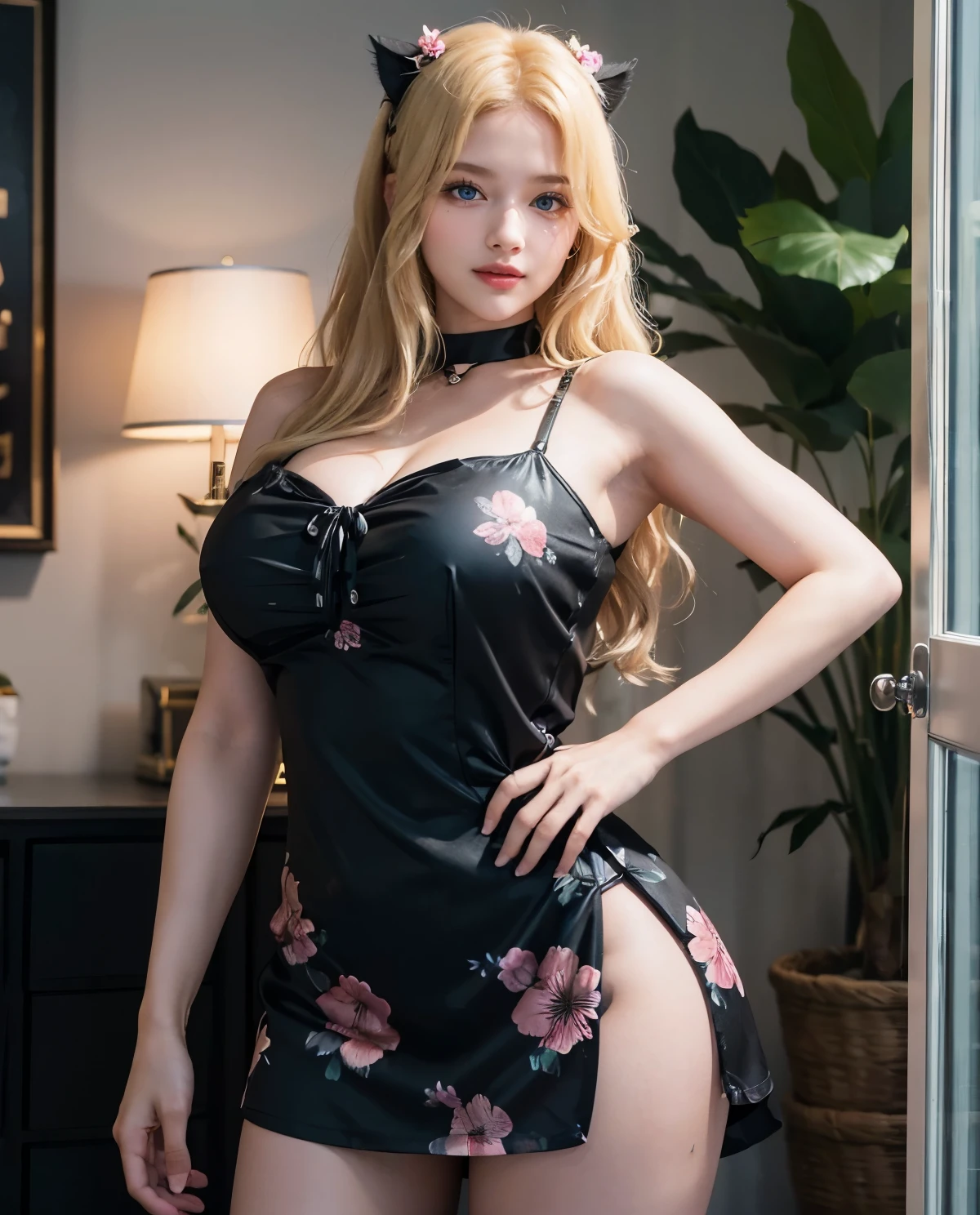 1girl, (Blue Eyes), (smiling), (Sana Minatozaki), wide hips, Big tits, big ass, (Best Quality, 8k, Masterpiece: 1.3), Clear Focus: 1.2, Perfect Body Beauty: 1.4, strong abs :1.2, Highly detailed face and skin texture, detailed eyes, double eyelids, (blond long hair :1.2), (short black floral dress :1.3), high stocking, black kitten ears, standing, dynamic pose, in a living room