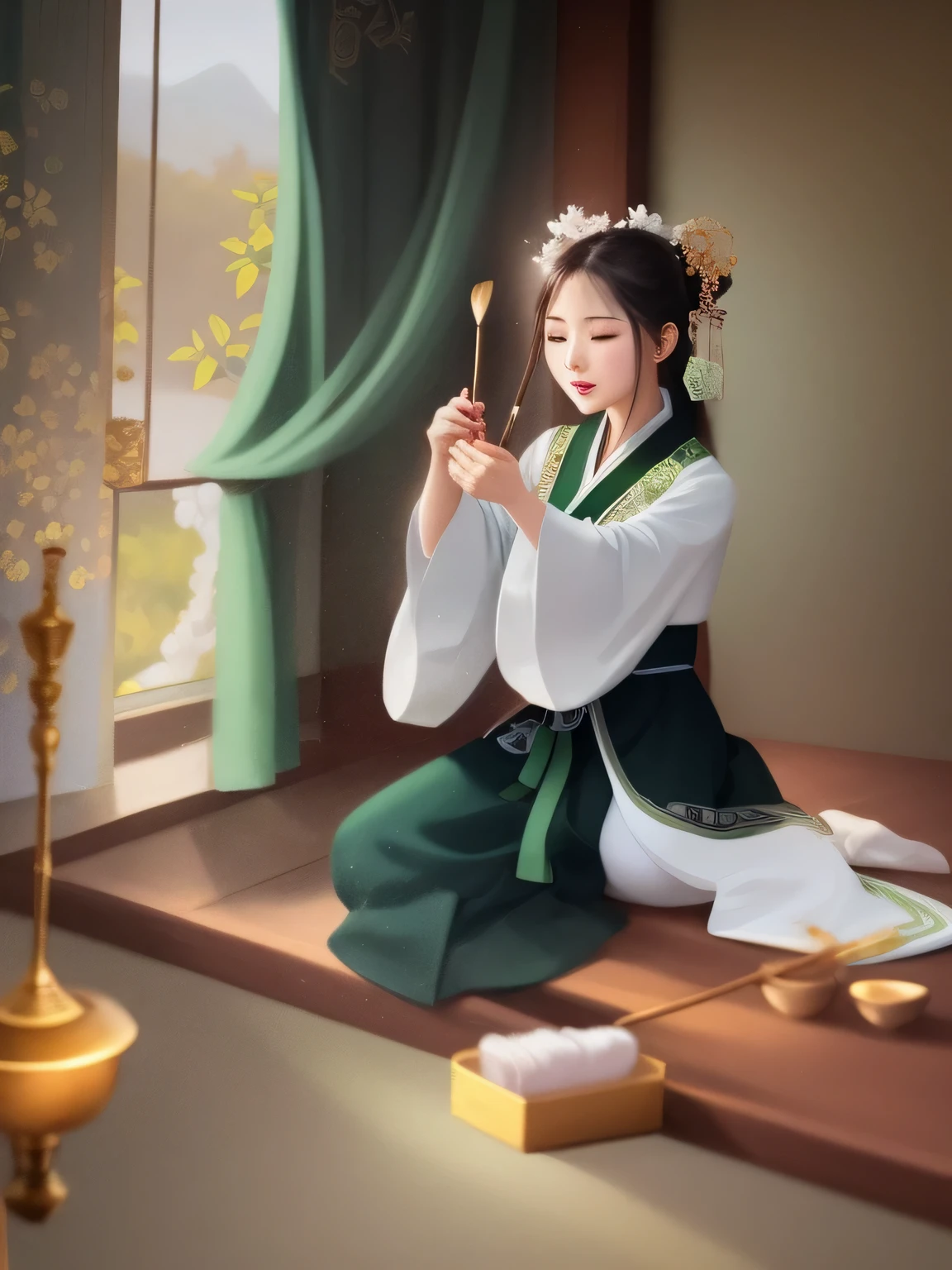 painting of a woman in a green and white dress playing a musical instrument, palace , a girl in hanfu, beautiful character painting, traditional painting, traditional beauty, hanfu, detailed painting 4 k, wearing ancient chinese clothes, artwork in the style of guweiz, ancient china art style, a beautiful artwork illustration, traditional art, ancient chinese princess, beautiful digital artwork