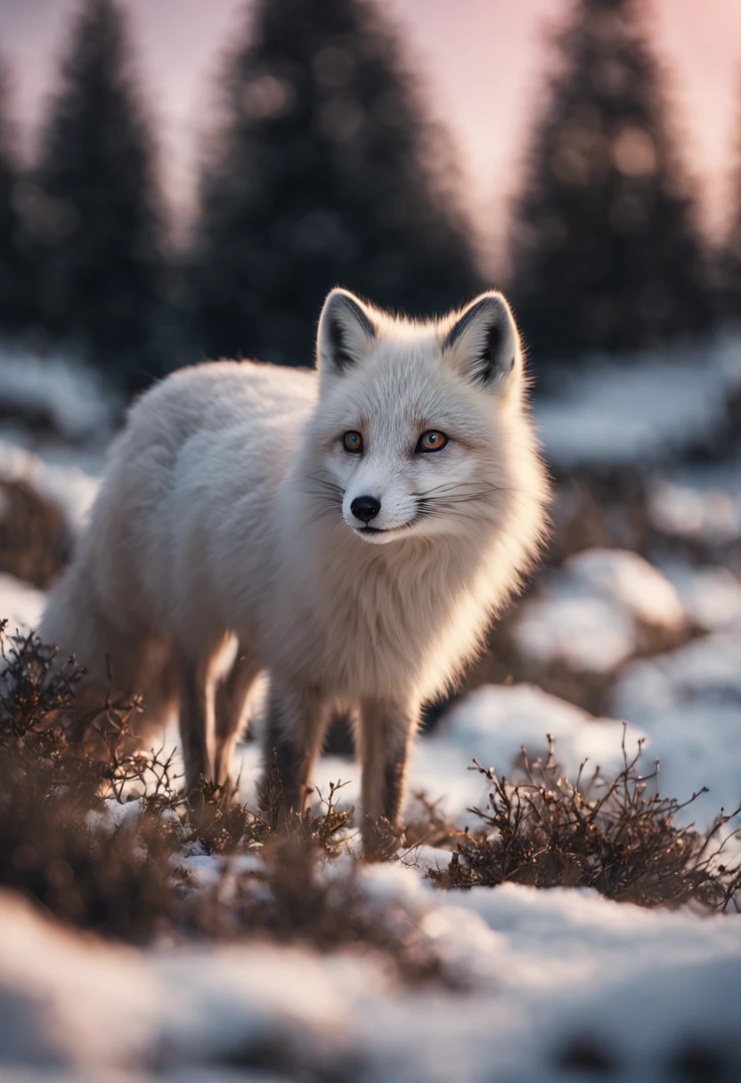 Arctic fox in a snowy tundra, pristine white fur blending with the environment, ice blue eyes, delicate paws leaving soft imprints on freshly fallen snow, Northern Lights (Aurora Borealis) gleaming in the background with hues of green and purple, isolated, serene, by Greg Rutkowski, ultra-realistic fur texture, 4k resolution, digital art, aesthetic