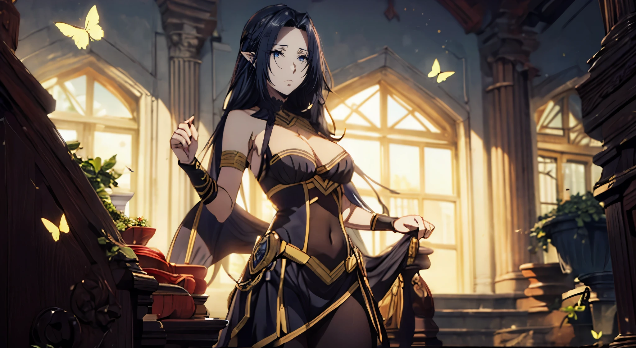 long hair, dark-blue hair, pointy ears, dark-blue eyes, anatomically correct, best quality, masterpiece, high quality, high details, highres, HD, (shaded face:1.2), hollow eyes, dark-blue eyes, looking at viewer, bug, butterfly, insect, blue_butterfly, 1girl, breasts, butterfly_hair_ornament, closed_mouth, medium_breasts, bare_shoulders, looking_at_viewer, facing viewer,