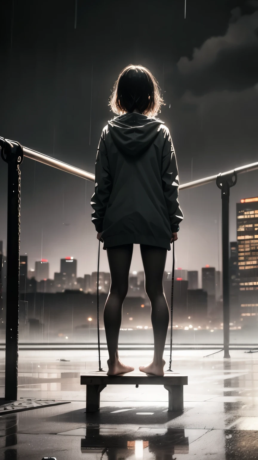 One adult person nude on a swingset playground during a rainy night. front view, In the background you can see the cities skyline. The person has a hunched posture seeming defeated. Having a sad expression their clothing is completly wet, water dripping from it. (rain:1), person looking down at floor defeated, depressed,
BREAK