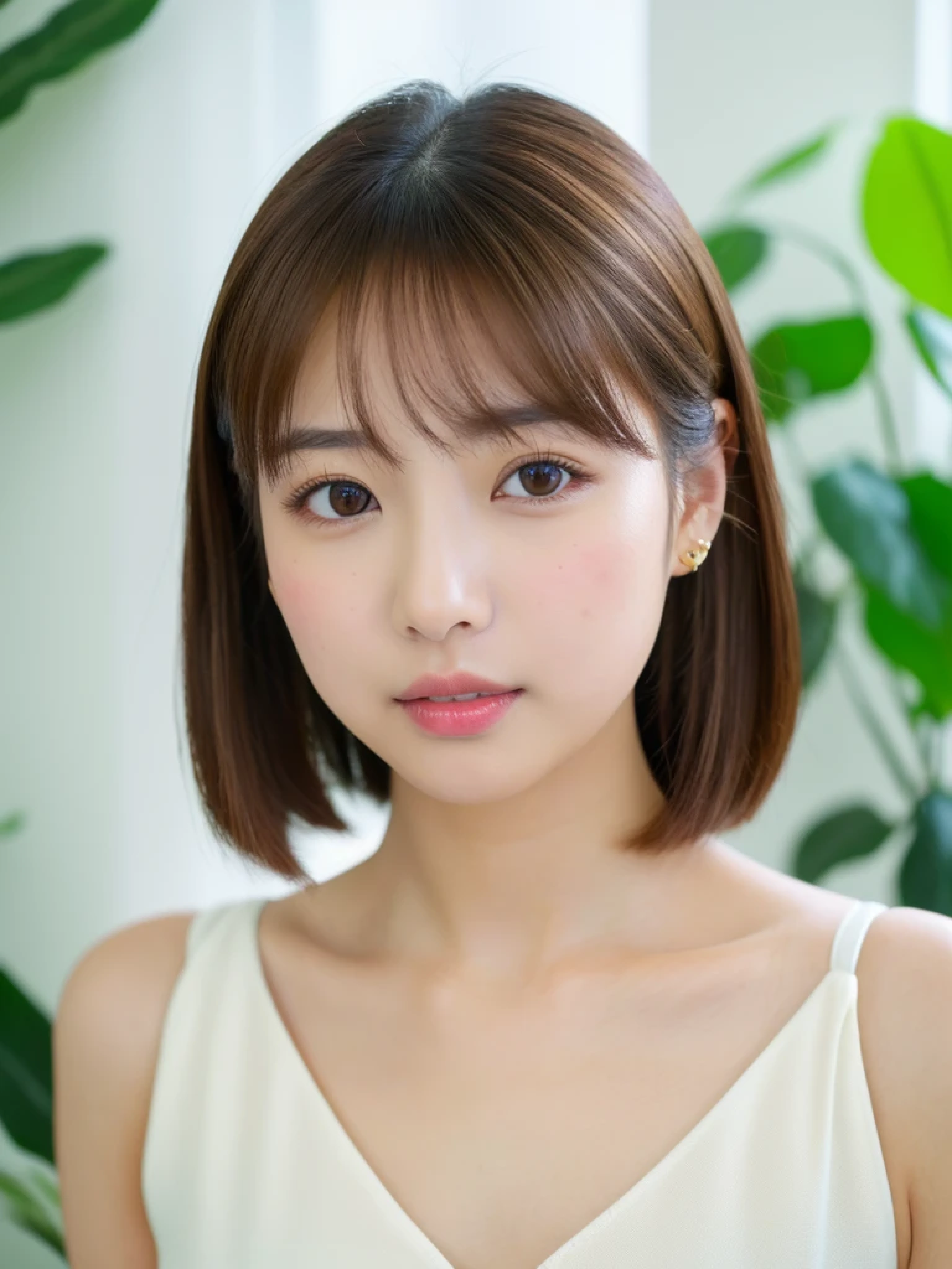 ((cute日本の女の子、beautiful japanese girl、1 girl、19 years old、Highly detailed face and skin texture、super detailed face、highly detailed eyes、Lee Hong、blush、ponytail、close-up of woman、front、cute、Highly detailed face and skin texture、smooth white skin、Transparent skin texture、))、(dark brown hair)、looking at camera、sharp focus:1.2、beautiful woman with perfect style:1.4、japanese model、young gravure idol、若いcuteグラビアアイドル、Realistic young gravure idol、sophisticated gravure idol、((highest quality、8k、masterpiece:1.3、1photograph))、(4k、RAWphotograph、highest quality)、Place a person on the other side of the screen、Natural light、((morning、noon、Bright interior、white room、sense of cleanliness、bedルーム、bed、Housebackground plants、background plants))、