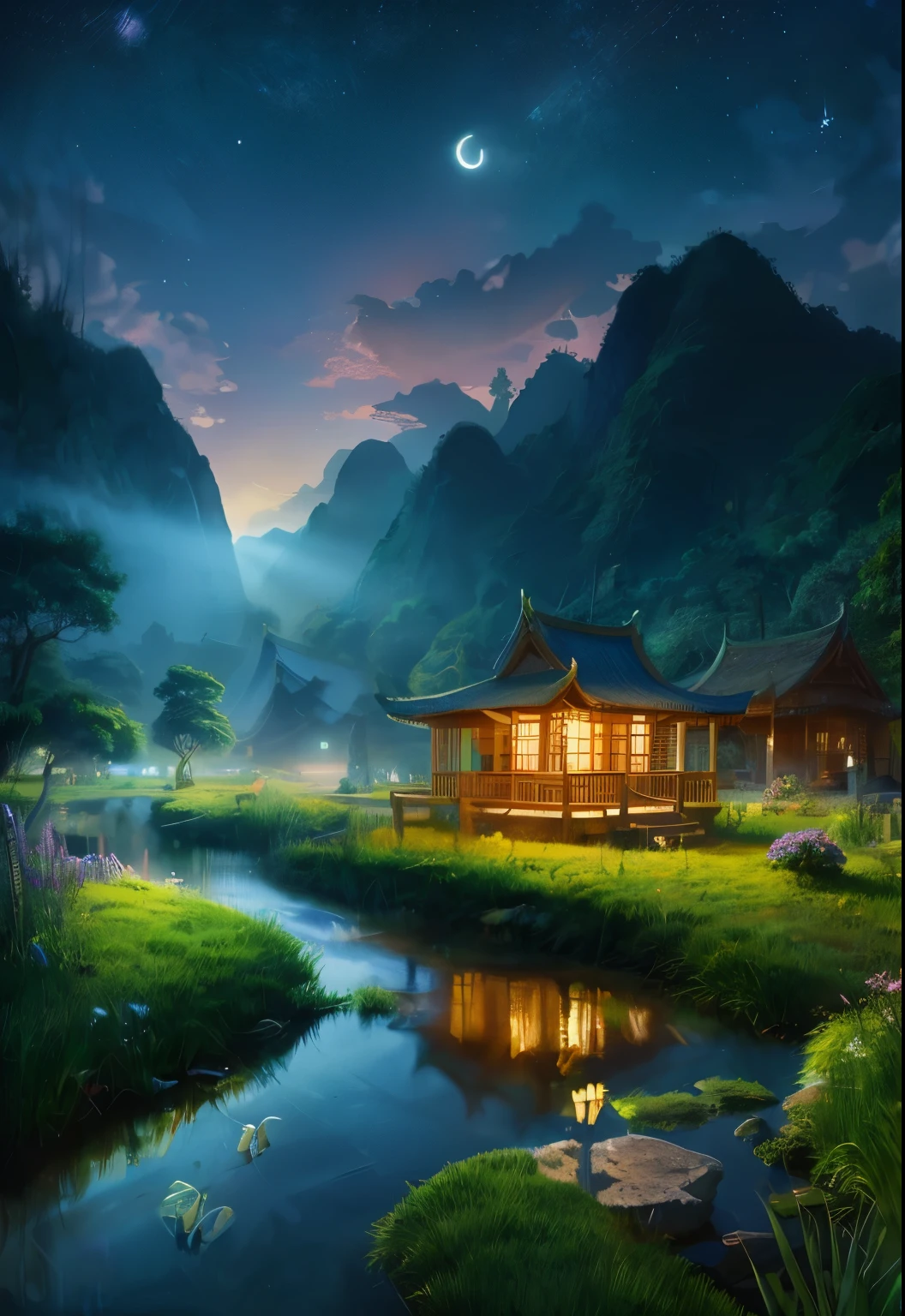 Night view with Asian house, vietnam, vietnam, Ha Giang Province, Moon, Lake in the foreground, calm night, Green and blue, Digital Illustration, 4K highly detailed digital art, nighttime scene, anime art wallpaper 4k, anime art wallpaper 4k, 4k detailed digital art, nighttime nature landscape, Anime art wallpaper 8k, background artwork, beautiful art uhd 4 k, 4K HD Illustration Wallpapers