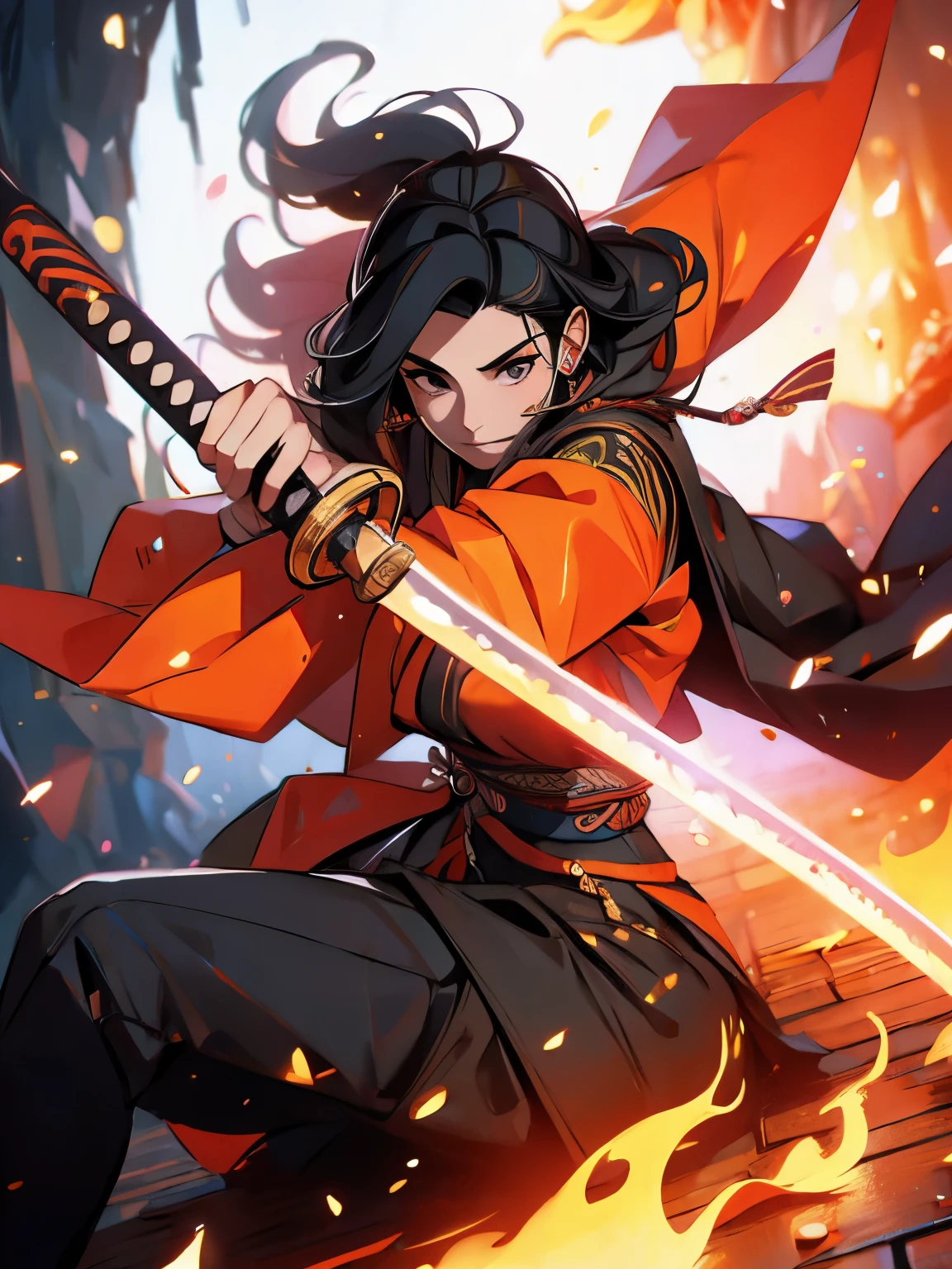 ((masterpiece)),  (high quality: 1.6), 1woman, a drawing of a woman in a revealing kimono outfit holding a sword, she has long black hair, she is holding a katana sword, female samurai, inspired by Tōshūsai Sharaku, katana zero video game character, inspired by Nishikawa Sukenobu, inspired by Maki Haku, fox nobushi holding a naginata, black - haired mage