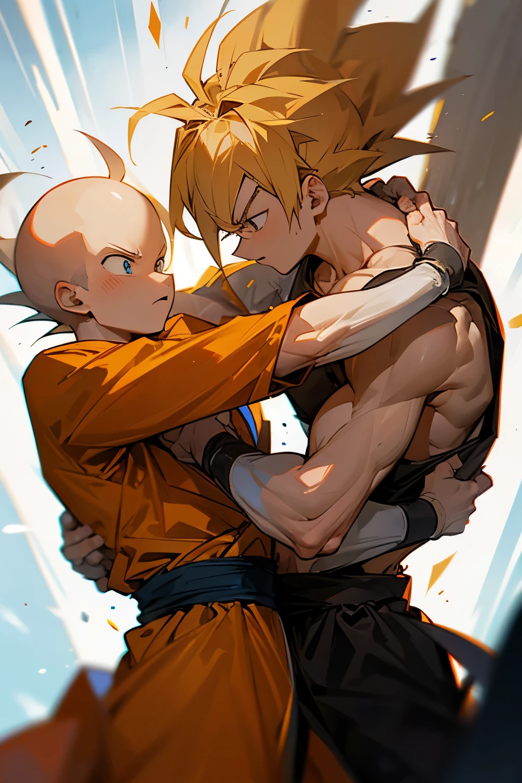 Goku and Saitama testing their strength in arm wrestling 