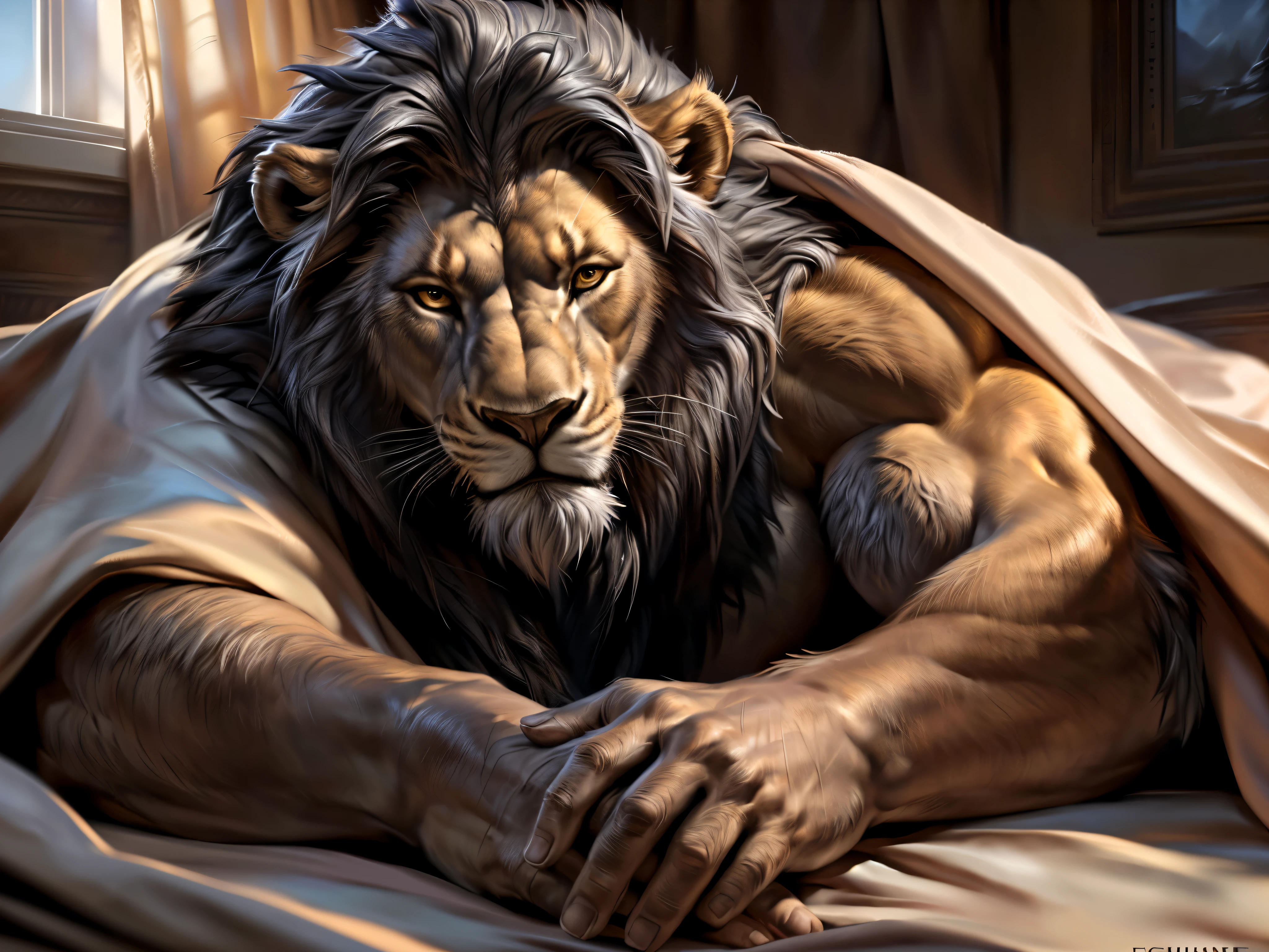 4k, high resolution, best quality, perfect colors, perfect shadows, perfect lighting, posted on e621, portrait shot, furry body, solo, anthro lion, (monotone fur, short brown greying mane, lion tail, nails on hands:1.3), male, (mature, forties:1.2), (strong, chubby, manly, masculine:1.3), correct anatomy, (photorealistic fur, detailed fur, masterpiece:1.2), (correct hands), detailed lion eyes, posing for the camera, (by Taran Fiddler, by Chunie, by Rukis, Bonifasko lighting), bedroom background, window, curtains, furniture, bed, (lying on the bed, lying under the blanket, teasing:1.4),