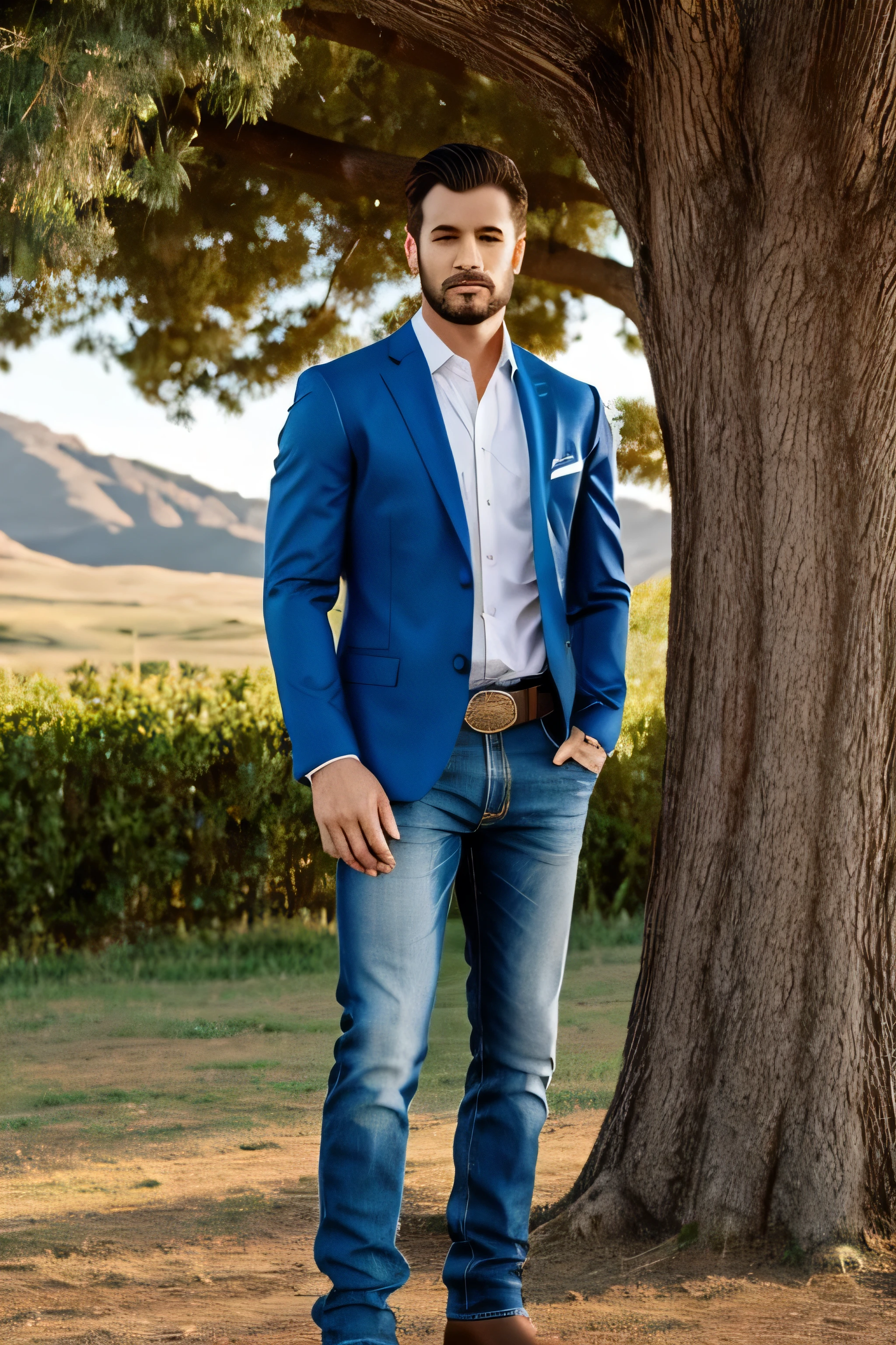 homem com terno azul, camisa branca, blue jeans,botas western rancher, Corpo todo, landscape trees background