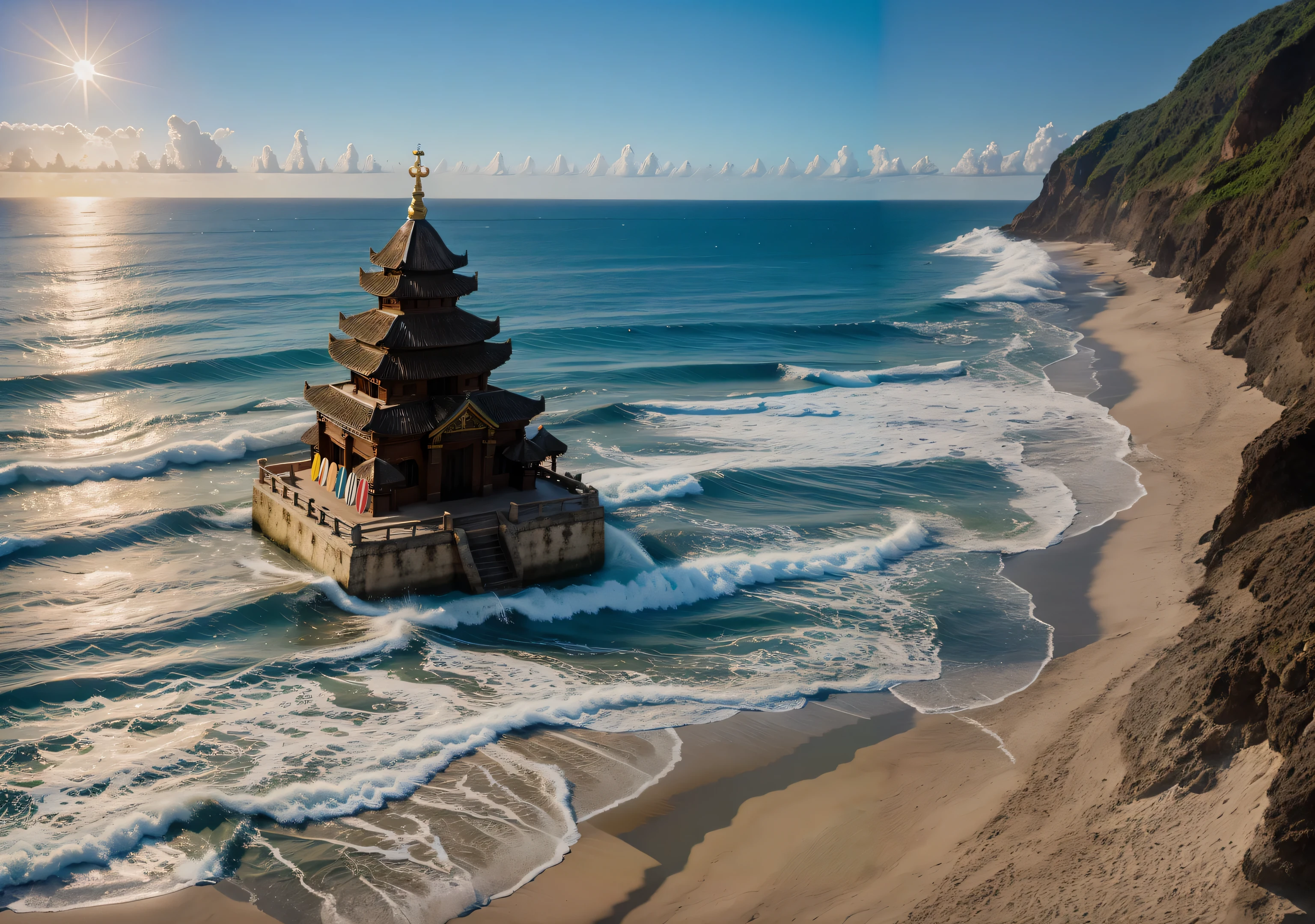 completar com praia, ondas e mar para compor de forma harmoniosa