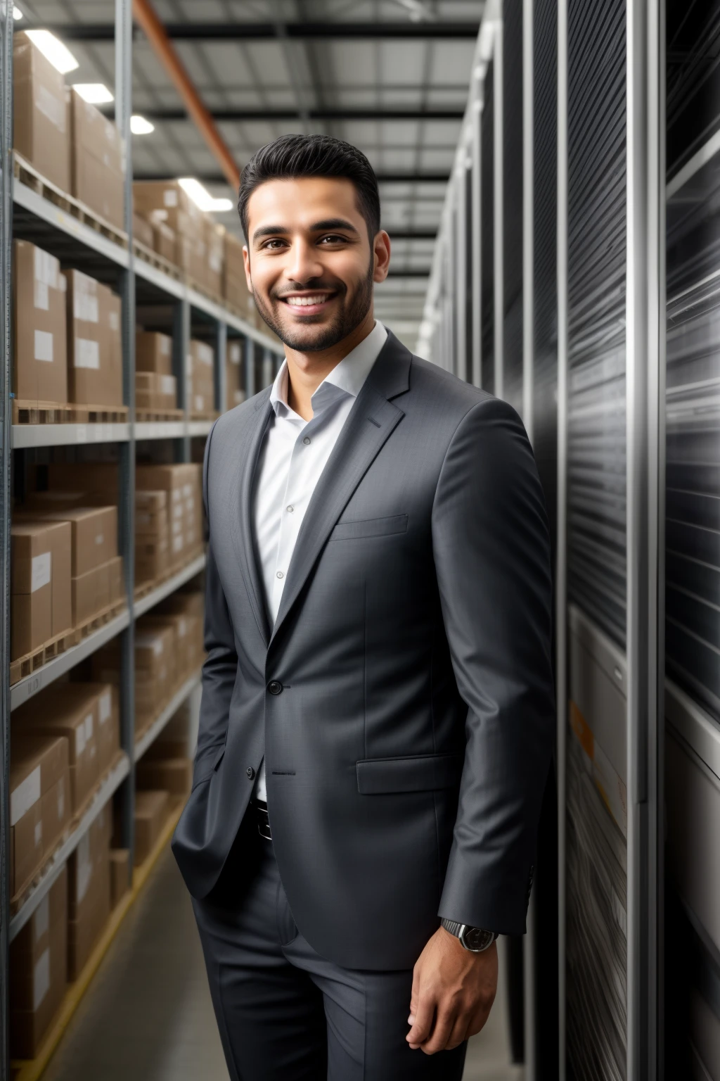 RAW photo in sequence, an image of a successful adult person in logistics company, ((rosto detalhado, sorridente)), vestindo roupas formal, Detailed office background, luzes naturais, HDR, realistic photographic, professional photography, interacting with documents or logistics equipment, visual profissional, fotorrealista, eficaz, industry leading brand, texturas claras, qualidade 4K UHD, film grain discreto, Canon EOS 5D Mark