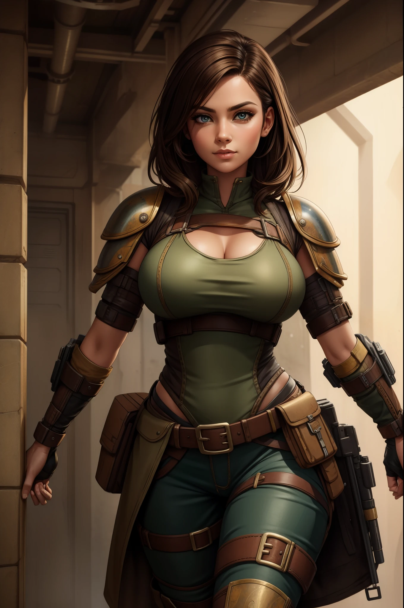 "futuristic steampunk female wearing rugged and weathered armor in a post-apocalyptic sci-fi world"