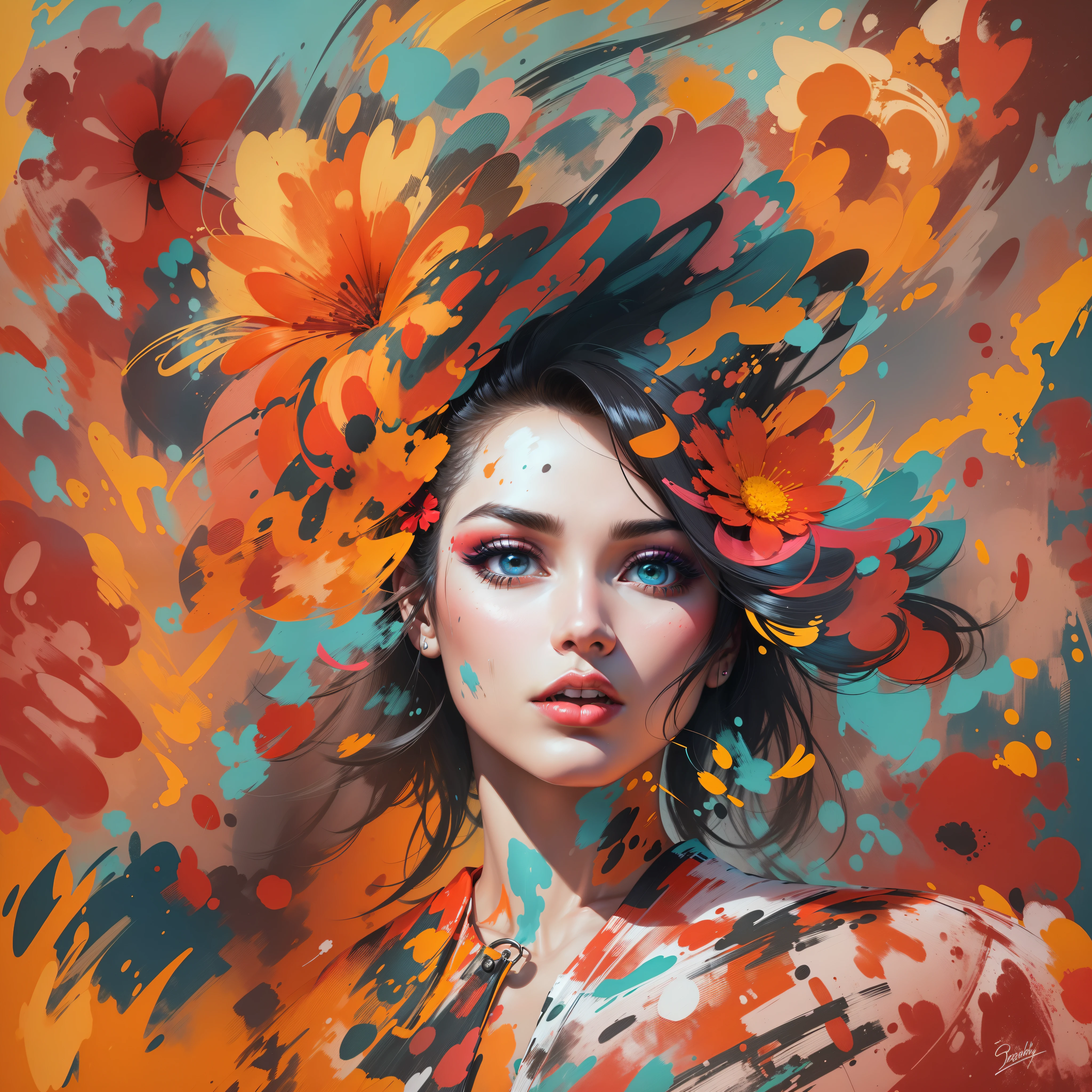 Crea una obra de arte digital en estilo pop art., presentando a una mujer vibrante y segura con maquillaje atrevido y moda colorida, Cinematic color scheme, rodeado de patrones florales abstractos, Energetic brushstrokes,Mood should be dynamic.