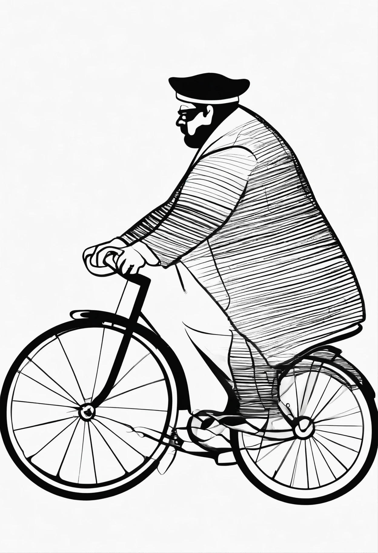 Minimalist single lines sketch of a fat man on a bicycle with French beret and mustache seen from the side in black and white
