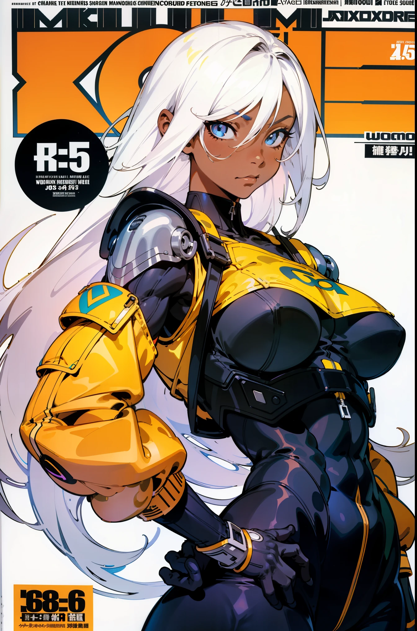 background, black woman, muscular 35 years old woman, long white hair, busty, black cargo pant, excellent lighting, sidelighting, (busty), busty, busty woman, vhsKeeper, (flat color: 1.3), (magazine_cover: 1.4), striped_background, card_background, :: comix style by joe madureira ,Muscular black woman in midly tight clothes, white hair, tight yellow jacket, cargo pant, AB XCover, intricate pencil sketch, expressive eyes and nose and mouth, un-zoom, by Jim Lee centered key visual intricate highly detailed breathtaking precise lineart vibrant panoramic cinematic, simple pose, white background