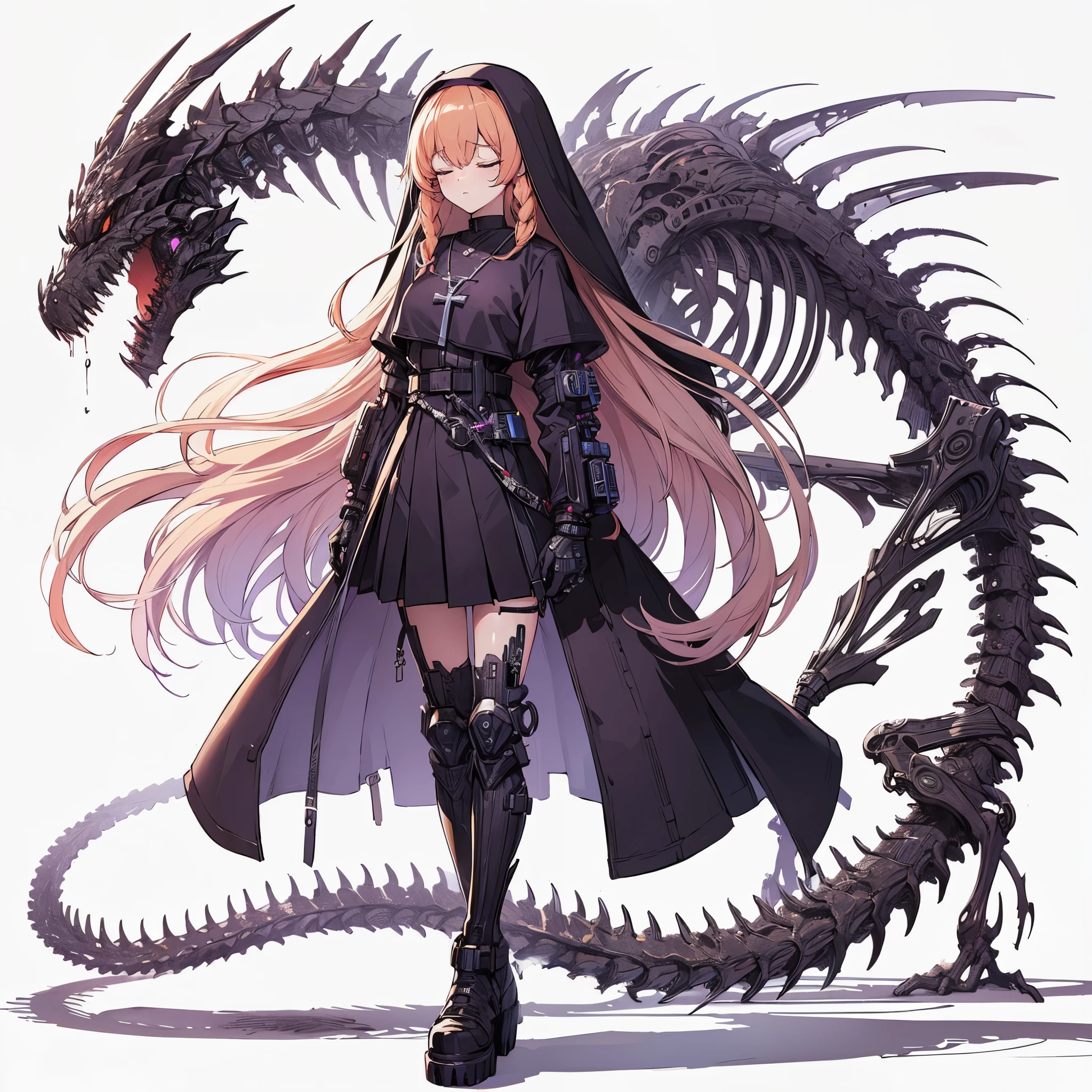 (Masterpiece, top quality), (perfect athlete body: 1.2), (detailed hair), super detailed, anime style, full body, solo, Cyberpunk shadow maidan elf girl, light peach hair in a single braid, closed eyes, wearing nun’s habit, dark purple cyberpunk outfit, Shaped by bones and shadows Six-Legged Dragon as servants, short, sleepy standing, wearing hi-tech boots, standing wasteland, white background, full body, supernatural flame and Lightning,
