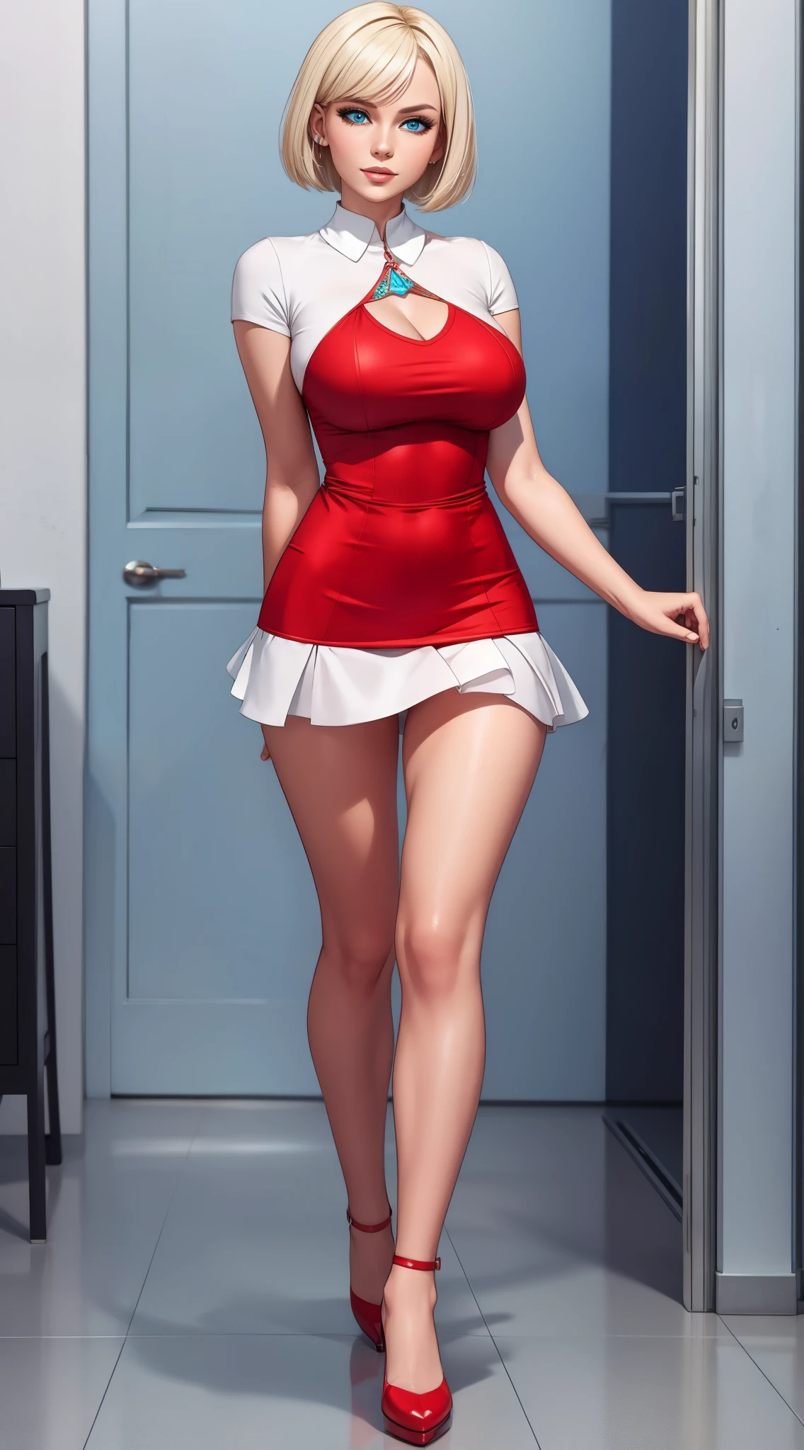 gorgeous Russian woman, short hair, platinum blonde, red minidress, blank background, white background, full body shot, walking, icy blue eyes, miniskirt