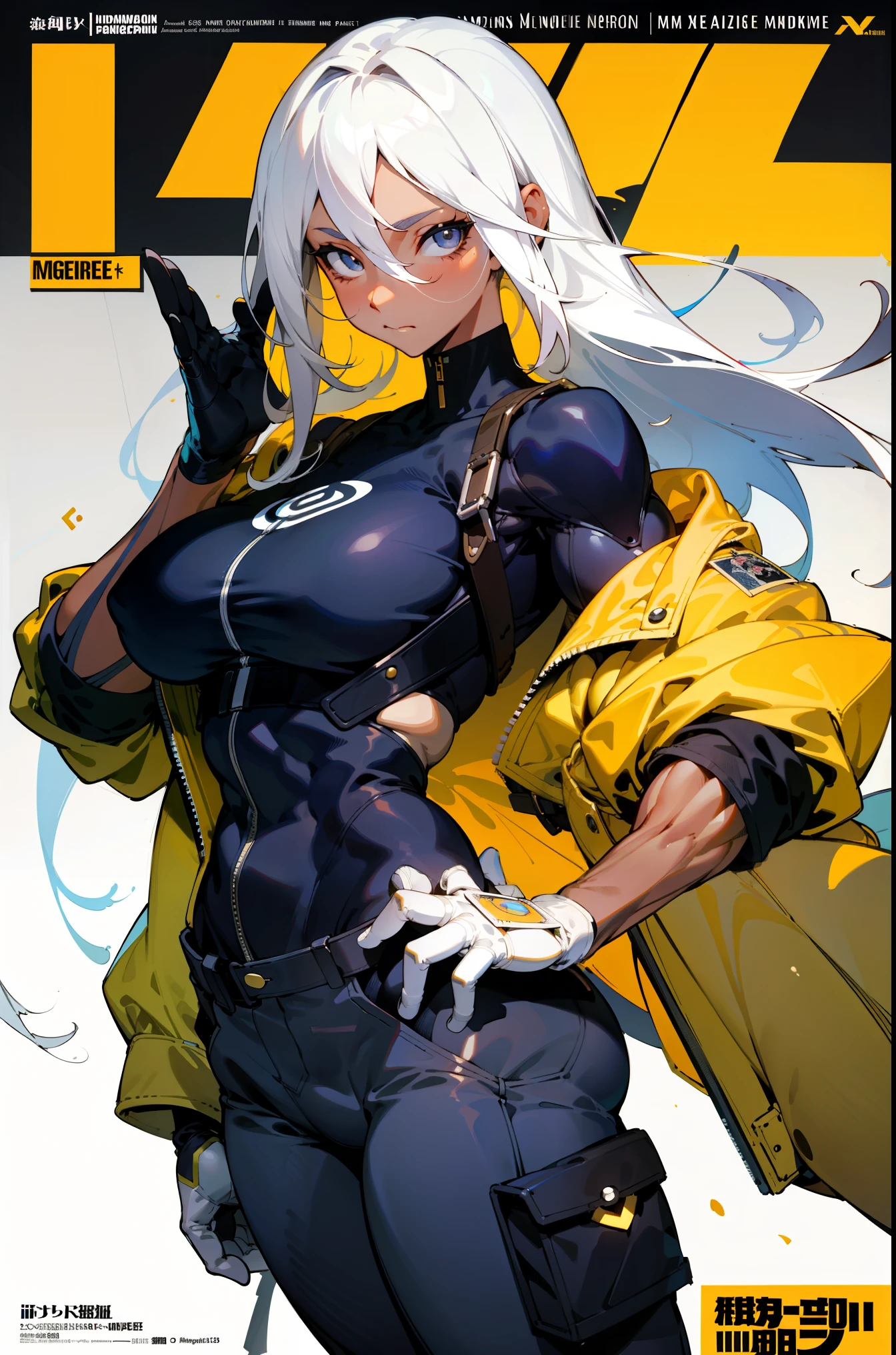background, language_text, Japanese letters in graffit, black woman, muscular 35 years old woman, long white hair, excellent lighting, sidelighting, (busty), busty, vhsKeeper,, style GUILTY GEAR -STRIVE perfect ultimate (flat color: 1.3), (magazine_cover: 1.4), striped_background, card_background, :: comix style by joe madureira ,Muscular black woman in tight clothes, white hair, tight yellow jacket, cargo pant, AB XCover, intricate pencil sketch, expressive eyes and nose and mouth, un-zoom, by Jim Lee right profile centered key visual intricate highly detailed breathtaking precise lineart vibrant panoramic cinematic, simple pose, white background