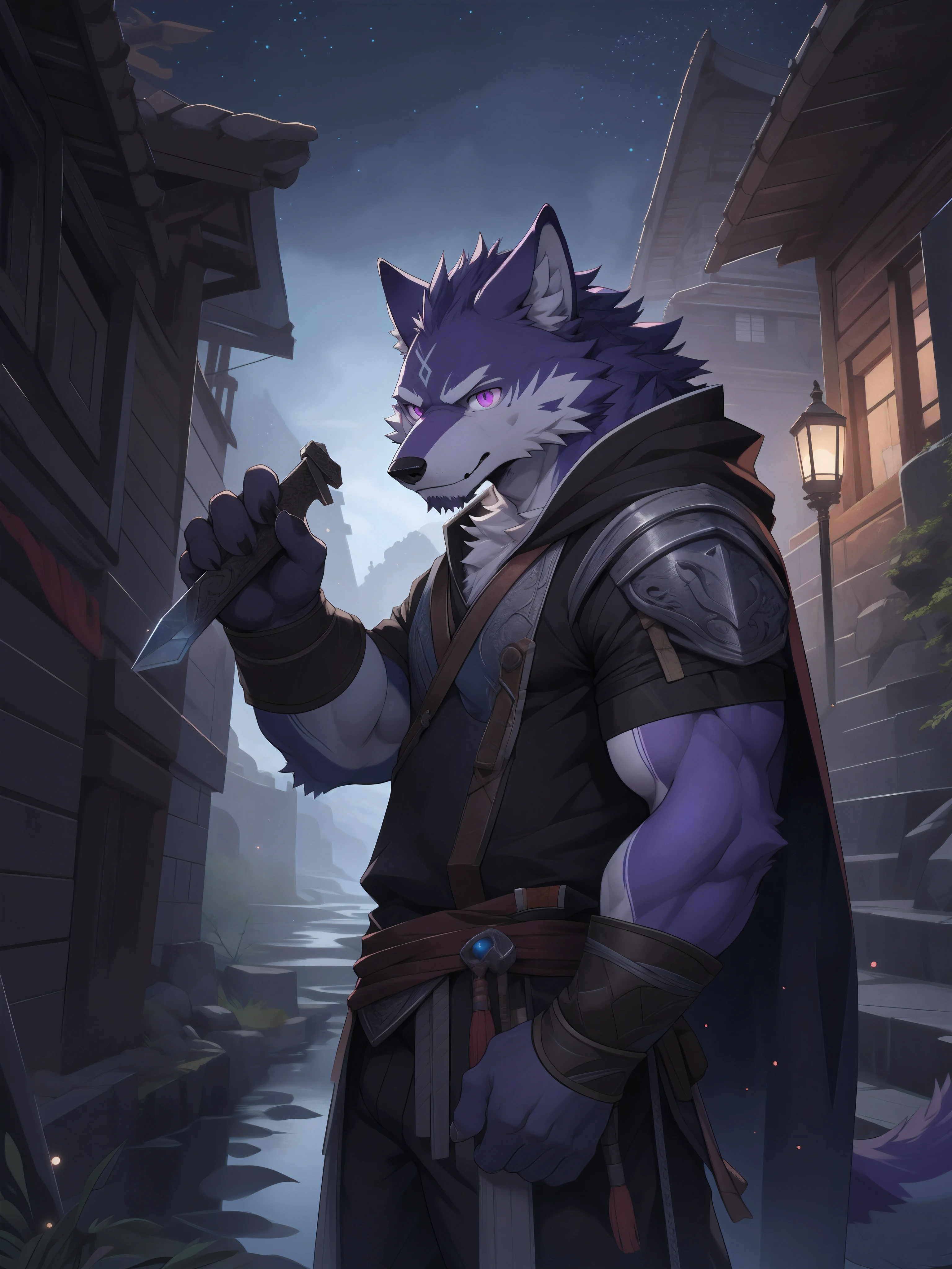 epic fantasy,单people,Fantasy Spell Swordsman, soft lines,perfect lighting,leaning against wall, Waiting for the employer to arrive,Exquisite composition,Gorgeous,super detailed,mage,icy look in the eye,There is a hollow white diamond pattern on the front of the forehead,pink purple eyes,hairy,purple fur,purple fur,people(Wolf),male,19 year old boy,Purple body,white belly,strong yet thin body,Assassin Clothing,night cloak, super detailed face, (exquisite eyes), (The background is a dark underground world scene.:0.5), light particles, (best quality), (masterpiece), high detail, high quality, Award-winning, high resolution, HD, 16k