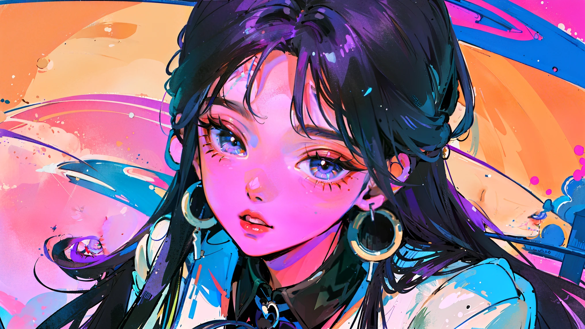 (portlate:1.4), (masterpiece:1.2, top-quality:1.2), From above, The upper part of the body, 1girl in, look up to, sface focus, extra detailed face, extremely detailed eye, goodlooking, make - up, Fingers on lips, Lunette de soleil, Fashion Wear, large earring,purple color hair Fashionable