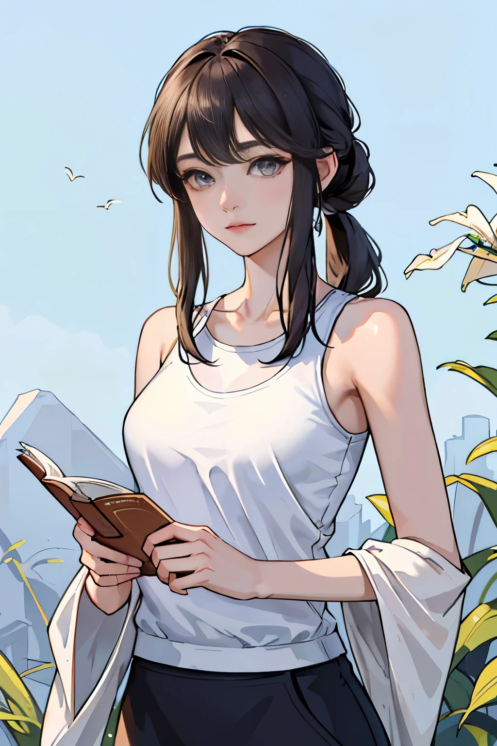 (masterpiece:1.2, best quality), (1lady, solo, upper body:1.2), The clothes ar：Simple，neuter，high-quality fabric，appearance：simple hairstyle，Clean makeup，Effortless beauty，Doing：observant，There is a purpose，astonishment，place：great outdoors，Yoga studio，Peaceful space，Hobbies：A meditative，Read