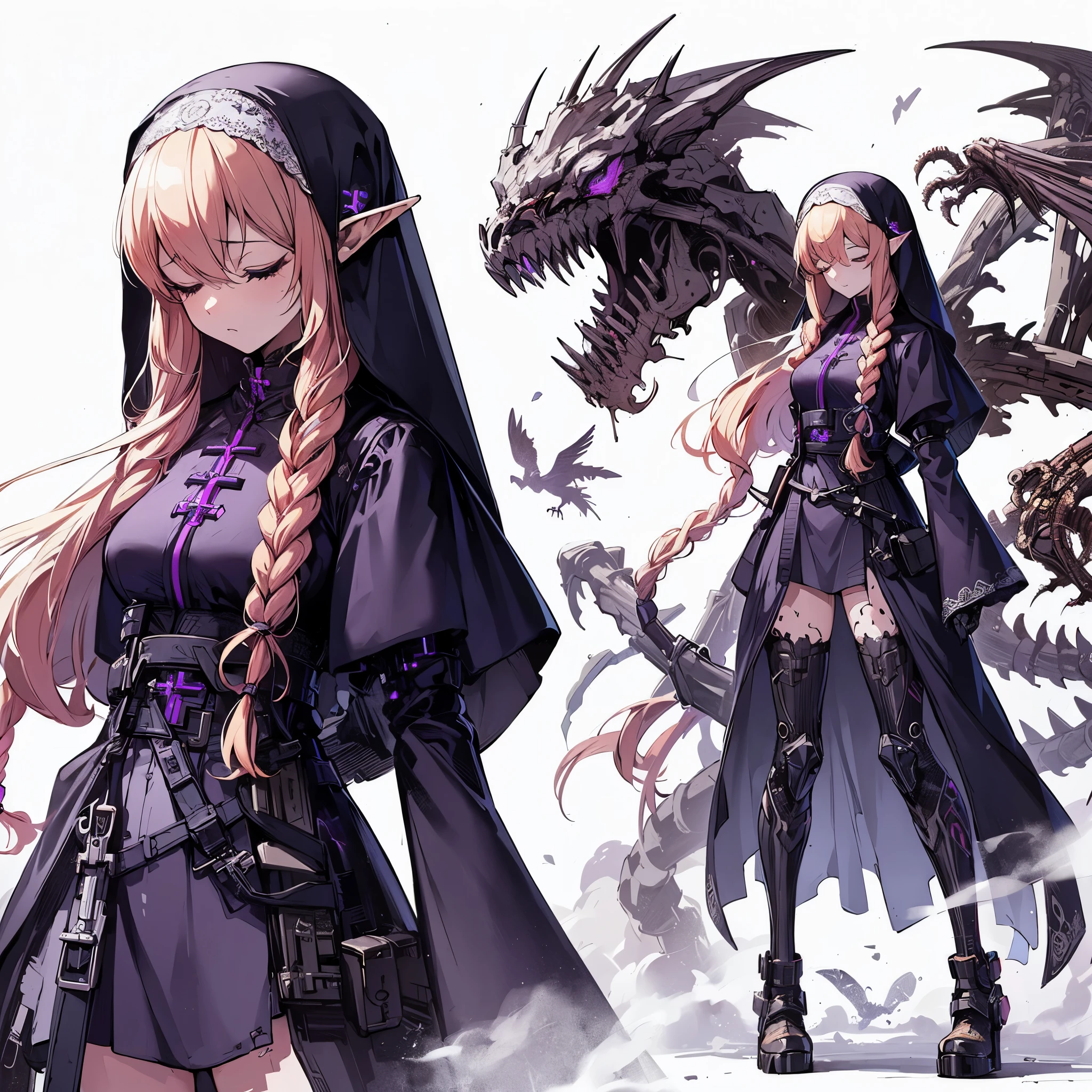 (Masterpiece, top quality), (perfect athlete body: 1.2), (detailed hair), super detailed, anime style, full body, solo, Cyberpunk shadow maidan elf girl, light peach hair in a single braid, closed eyes, wearing nun’s habit, dark purple cyberpunk outfit, Shaped by bones and shadows Six-Legged Dragon as servants, short, sleepy standing, wearing hi-tech boots, standing wasteland, white background, full body, supernatural flame and Lightning,
