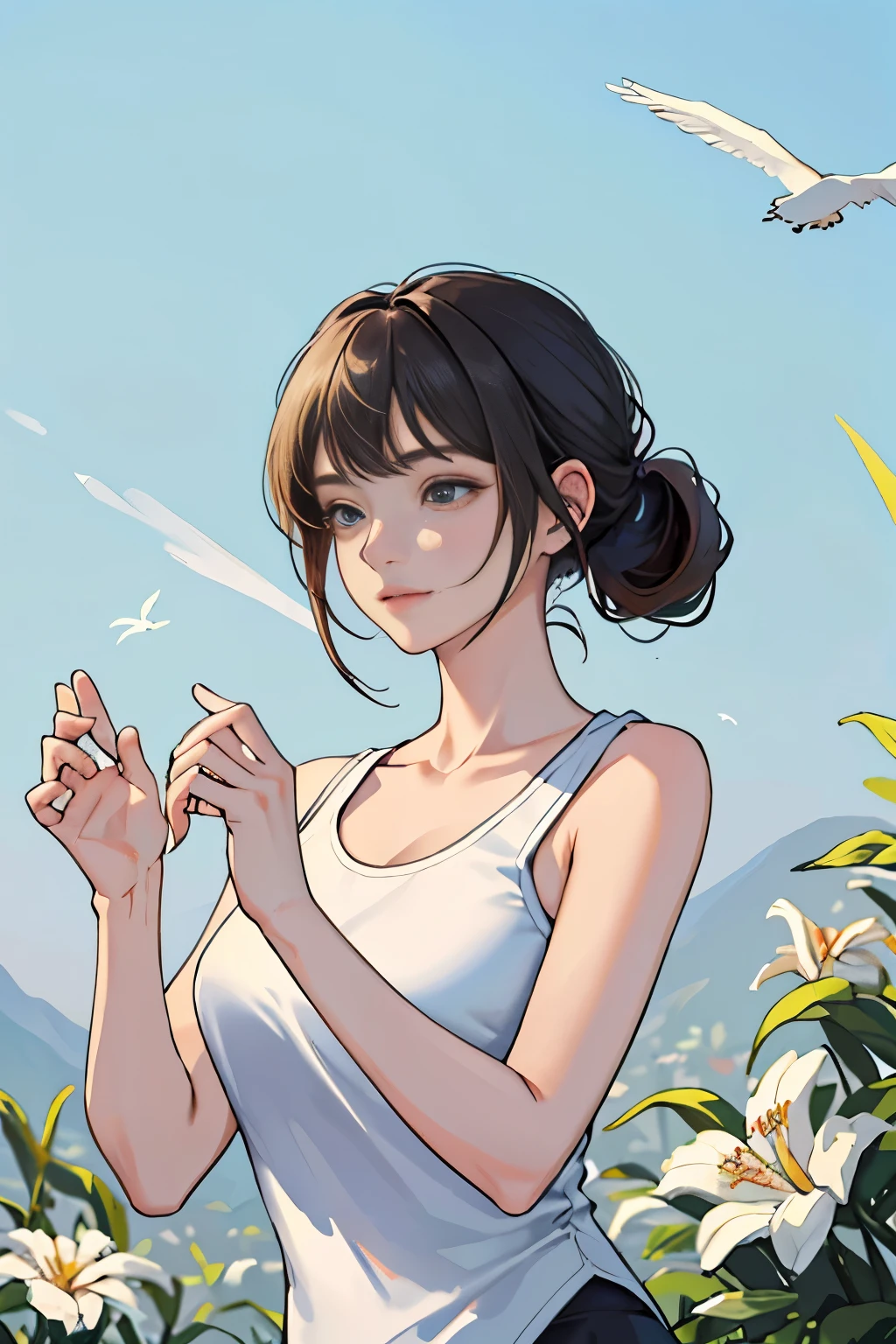 (masterpiece:1.2, best quality), (1lady, solo, upper body:1.2), The clothes ar:Simple,neuter,high-quality fabric,appearance:simple hairstyle,Clean makeup,Effortless beauty,Doing:observant,There is a purpose,astonishment,place:great outdoors,Yoga studio,Peaceful space,Hobbies:A meditative,Read