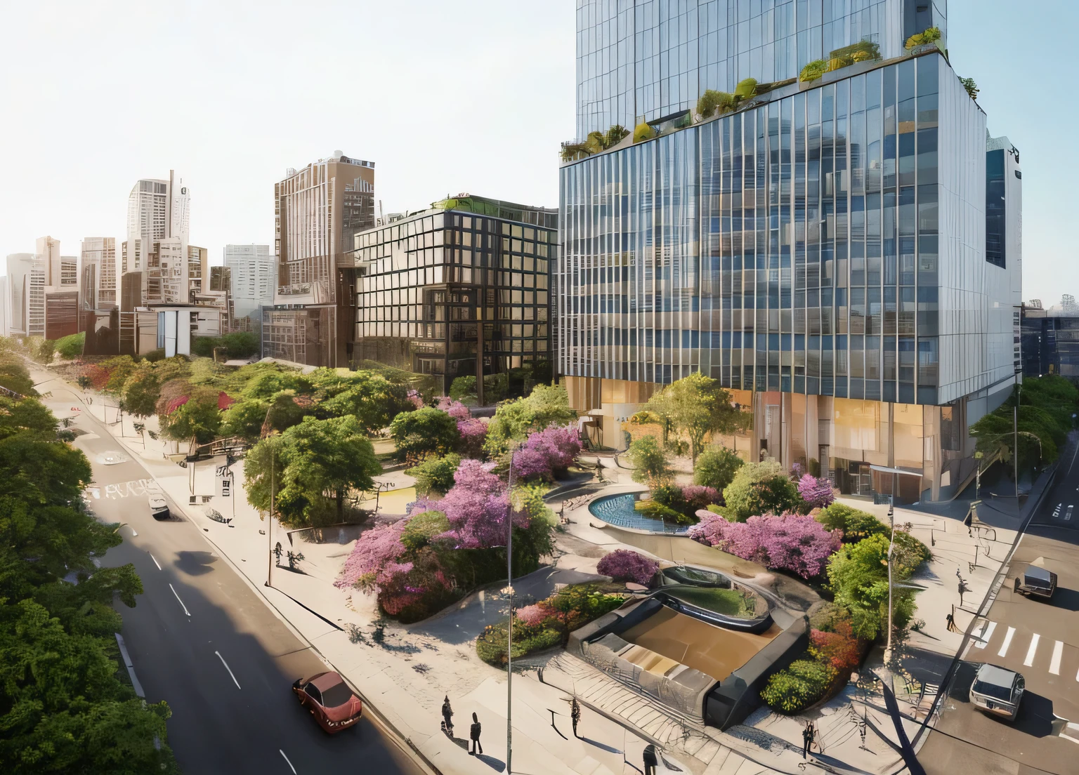 rendering of a city street with a fountain and many trees, skyscrapers with vegetation, são paulo in the year 2 0 7 0, sao paulo, futuristic sao paulo, hiper-realista, hiper-realista, avenida paulista, realistic representation, in sao paulo, acolhimento e parceiros, Forest scenery with skyscrapers, skyscraper business district