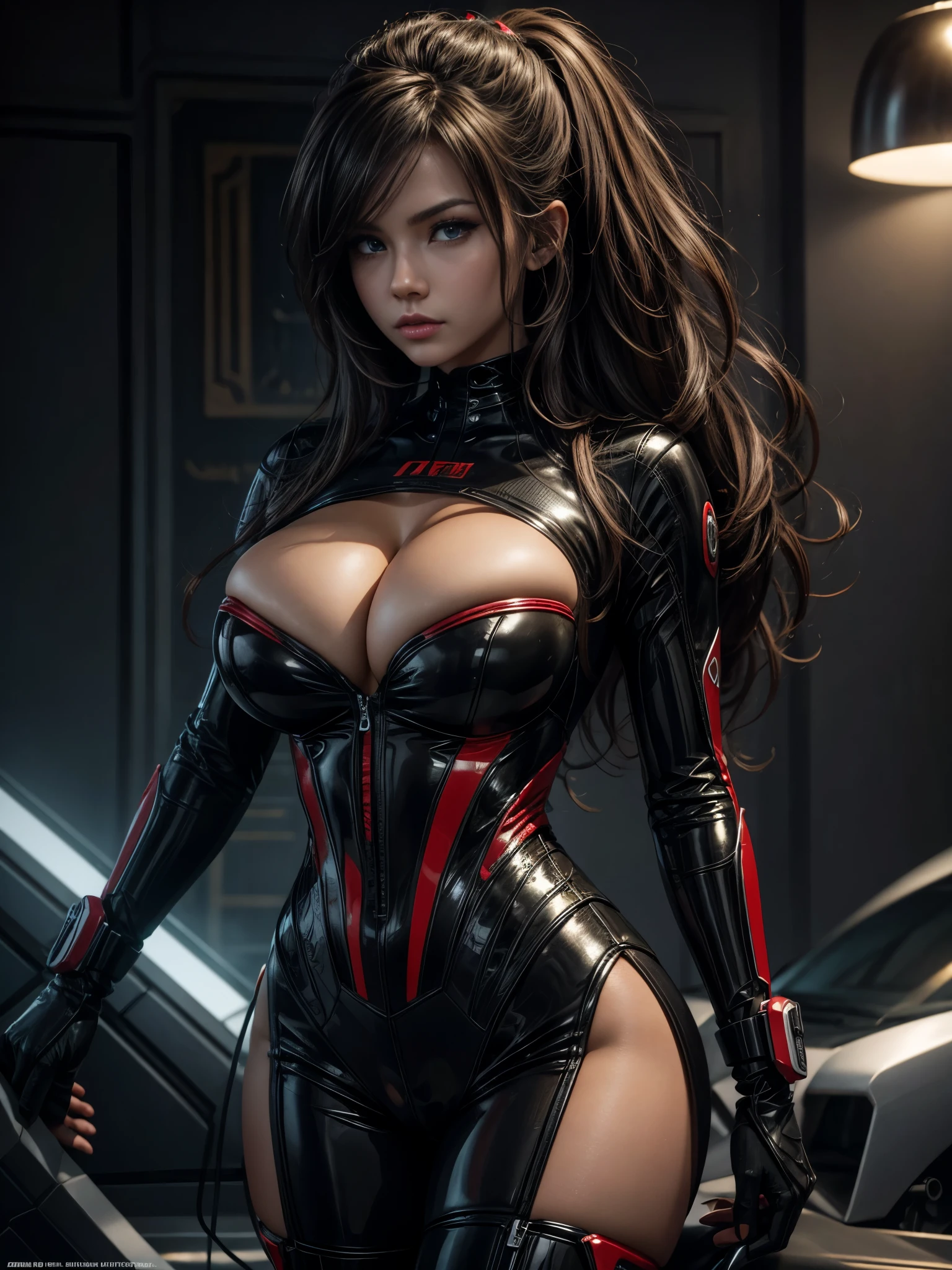 solo, super fine photo, portrait Unreal Engine 5 8K UHD of a couple, red and black color scheme tight cybernetic latex catsuit, 25 years old Italian girl, beautiful face, big breasts, curvy, very beautiful face, random hairstyles, feminine curves, cybernetic glove, futuristic design, super lighting, beautiful make up, luxurious, best quality, masterpiece, official art, unified 8k wallpaper, super detailed, beautiful face eyes nose lips, sharp focus, dynamic pose, beautiful body, high res, full body photo