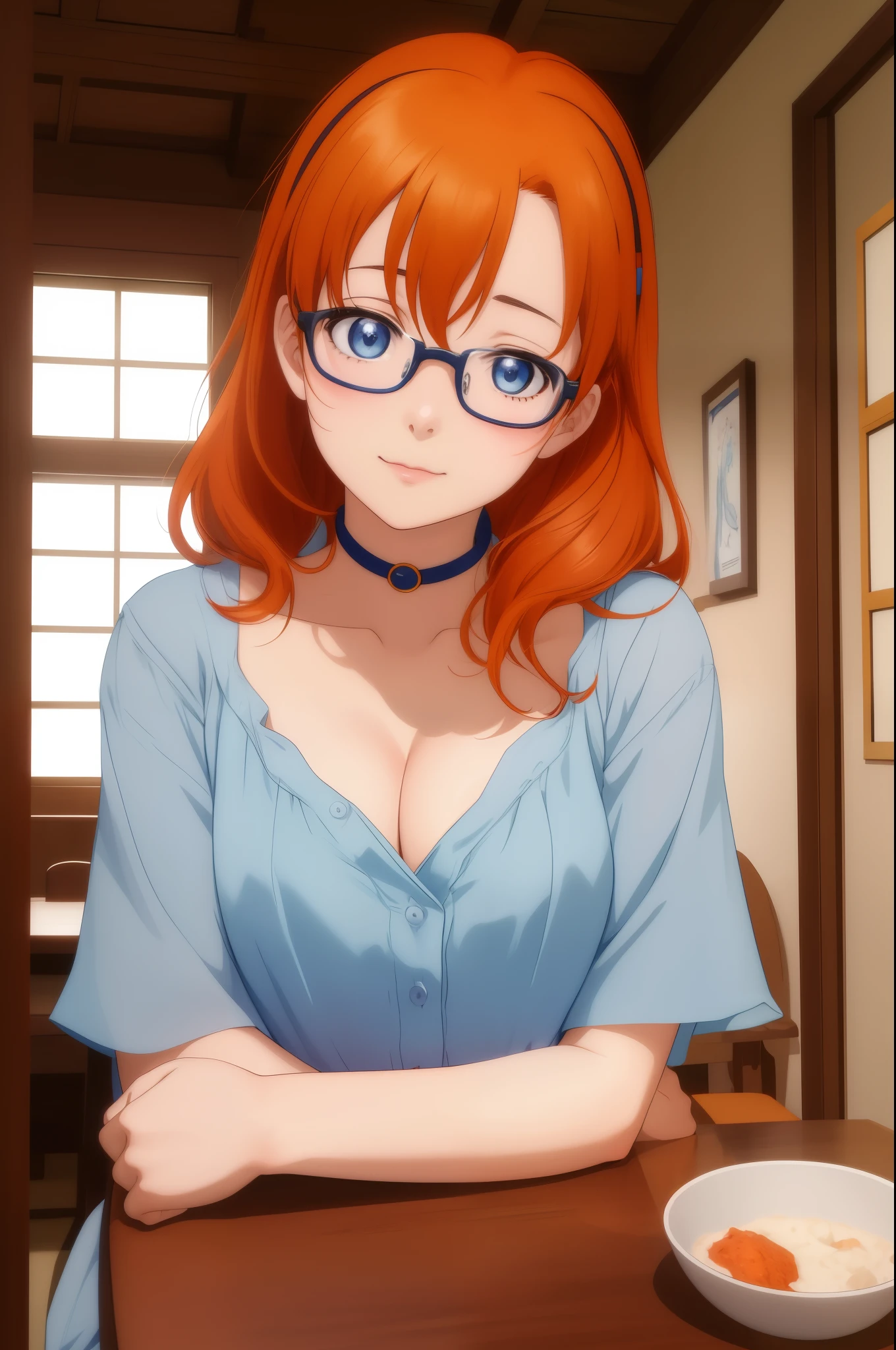 Masterpiece,best quality,Kousaka honoka, blue eyes, orange hair, looking_at_viewer, upper body, cozy blouse,collar bone, cleavage,short sleeves, glasses , perfect shadow, beautiful,cozy