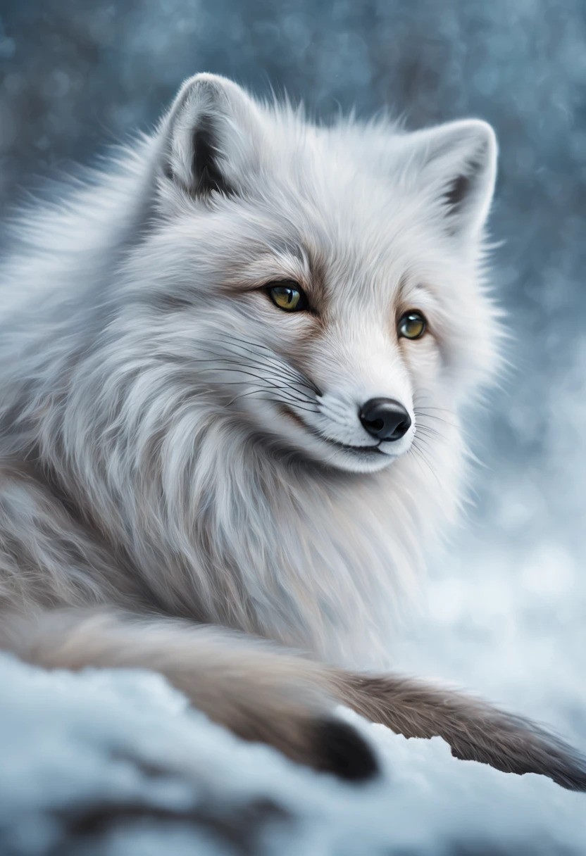 Realistic oil painting of an arctic fox curled up in a snowy landscape, soft textured fur, visible breath in the cold air, serene atmosphere, subtle blue and grey tones, Nikon D3, Focal length 35mm, aesthetic
