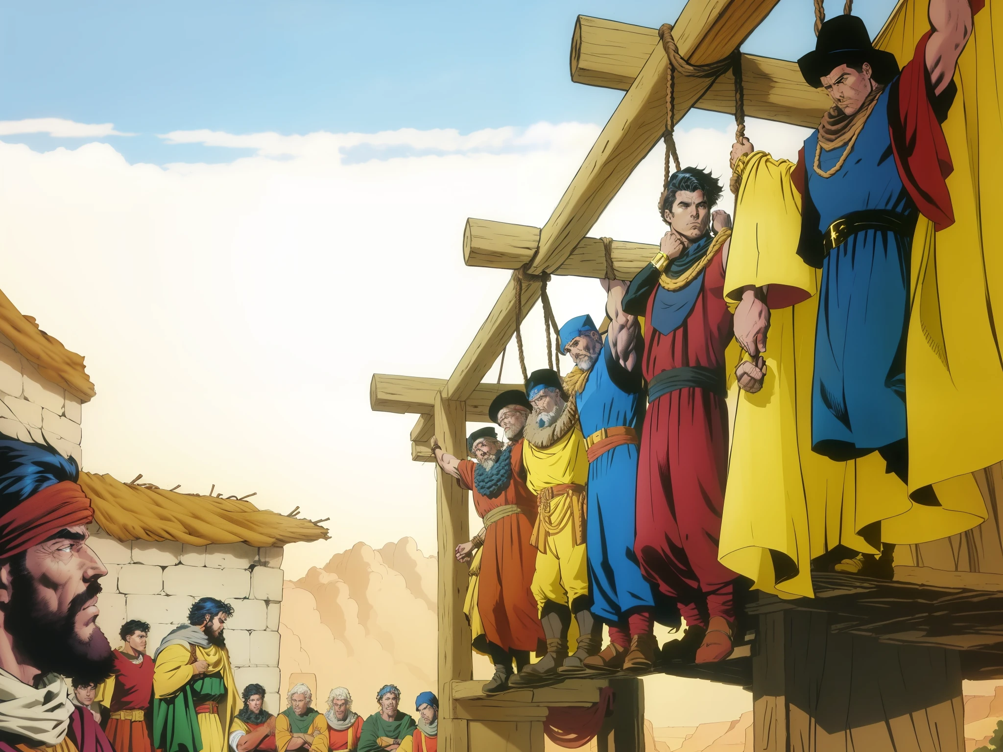 There are seven men hanging with the rope around their necks. There is a hanging. There are many people looking. biblical costumes. Biblical setting. biblical style. comic book style. Estilo anime