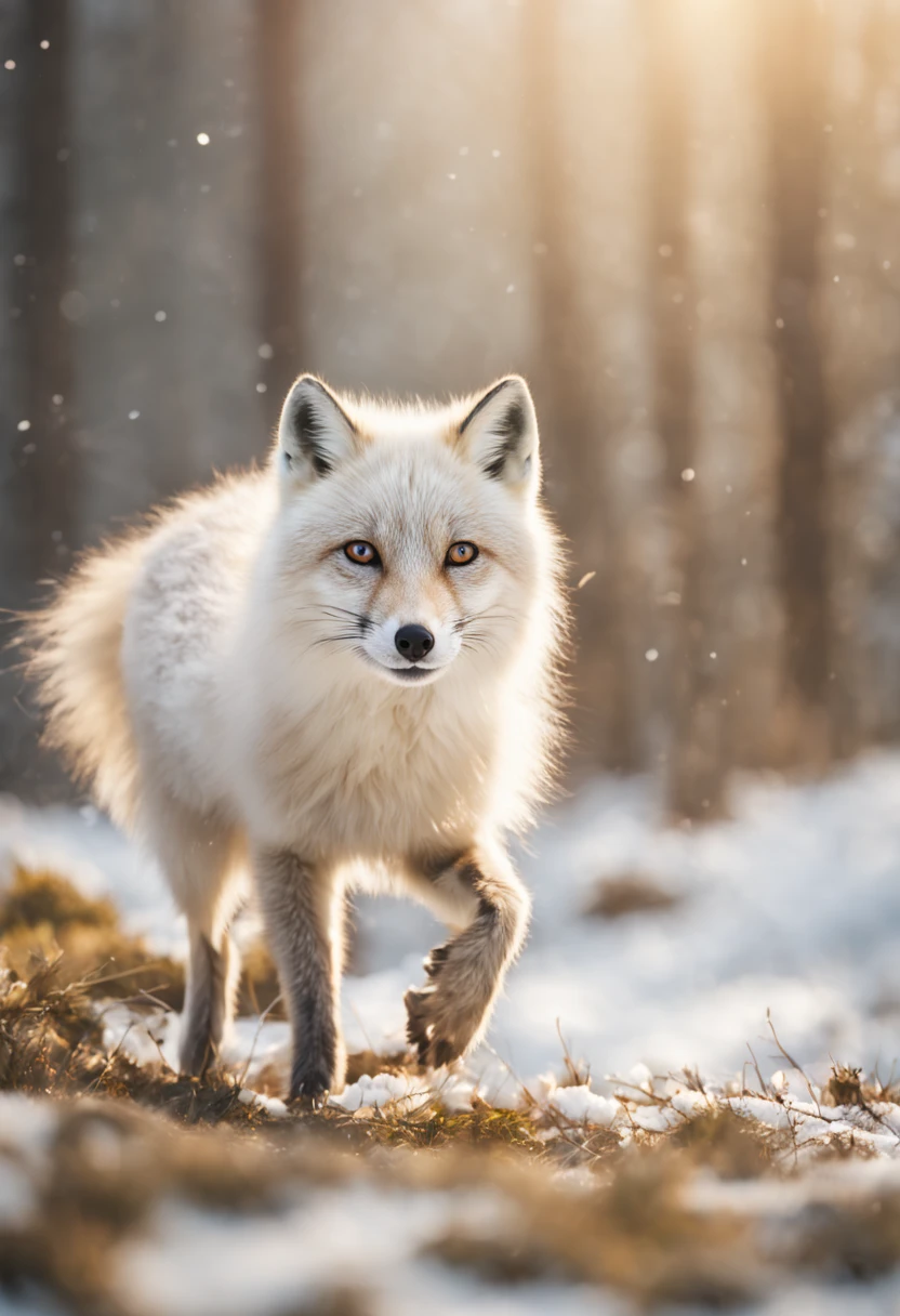 Photorealistic image of an arctic fox hunting, dynamic motion, snow particles flying, intense focus in the eyes, natural habitat background, late afternoon light casting long shadows, Canon EOS R8, Wide angle lens, aesthetic