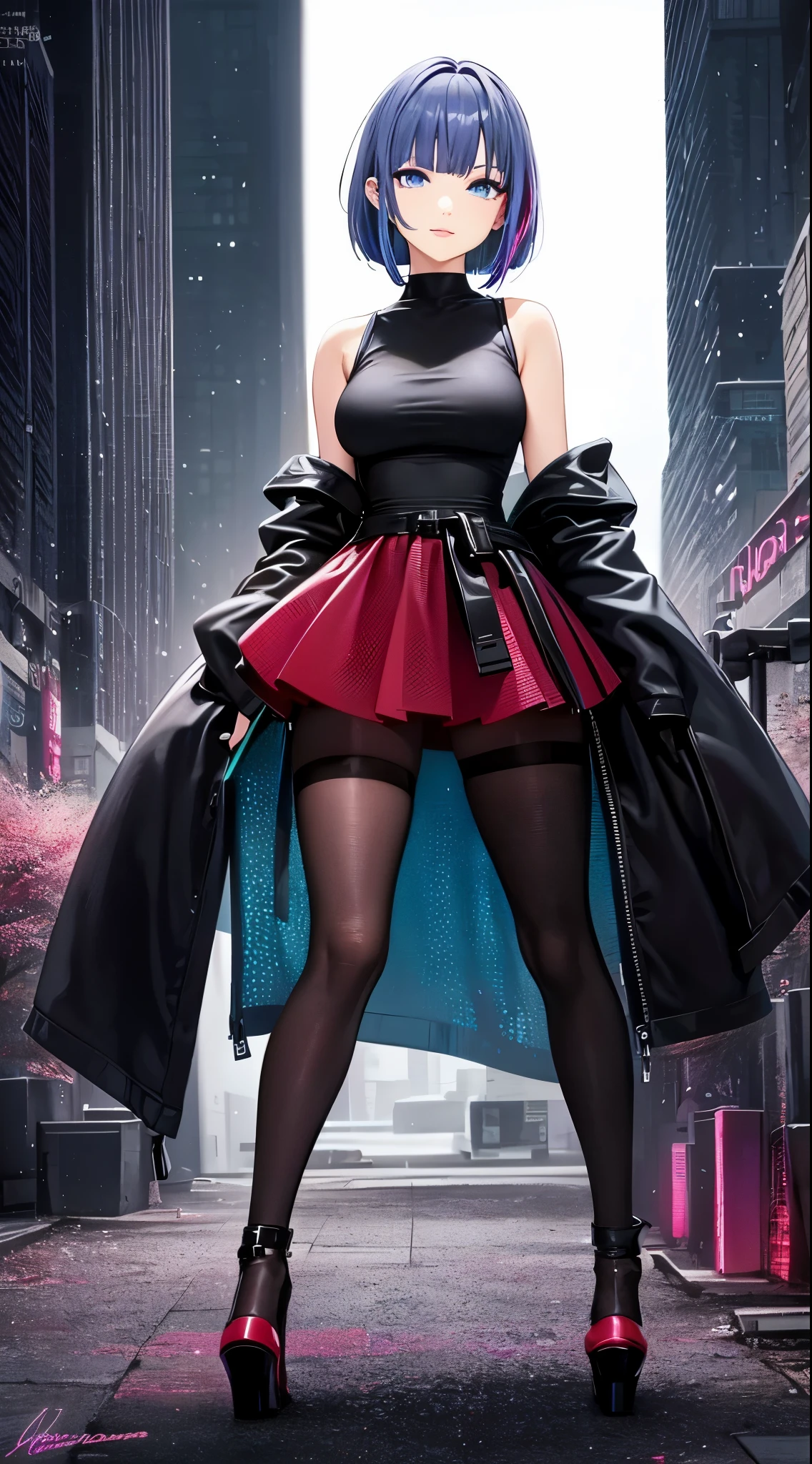 (violet eyes #8A2BE2:1.5),((neon cyberpunk night city background:1.5)),(((masterpiece))), (((best quality))), ((ultra-detailed)), (highly detailed CG illustration), ((an extremely delicate and beautiful)),((City of glittering neon lights:1.5)), ((Black mesh tights:1.2)),1girl, solo, Female character portrait,((She wears red high heels:1.5)),((short hair styled in a straight-cut bob:1.5)),bangs are cut straight across, just above the eyebrow line, hair with a stronger blue tint has the hexadecimal color code #7093b5, ((Model standing with hands on hips)),((Near-black, deep muted dark gray t-shirt:1.5)), ((Very dark gray t-shirt:1.5)),((plain t-shirt:1.5)),(long sleeves:1.5),(Casual T-shirt), ((like queen:1.5)), ((waring red high heels:1.5)), flopping down, ((seductive smug look)), ((medium breasts:1.5)), shoulder-length straight blue hair, anime girl with short hair, bangs to eyebrows,The hair is predominantly a pastel blue with shades that suggest a gradient mix of soft lilac and hints of a silvery-blue hue, anime-influenced eyes, glossy teal bomber jacket #008080 with iridescent soap bubble patterns, white tank top, black miniskirt, black net tights, fair skin, subtle pink lips, exclude watermarks/signatures, In a cabaret club, cute natural anime face, detailed anime soft face, cute anime face, flat anime style shading, face anime portrait, made with anime painter studio, semirealistic anime style, perfect anime face, extremely cute anime girl face, high detailed face anime, pretty anime face, semi realistic anime, detailed anime face