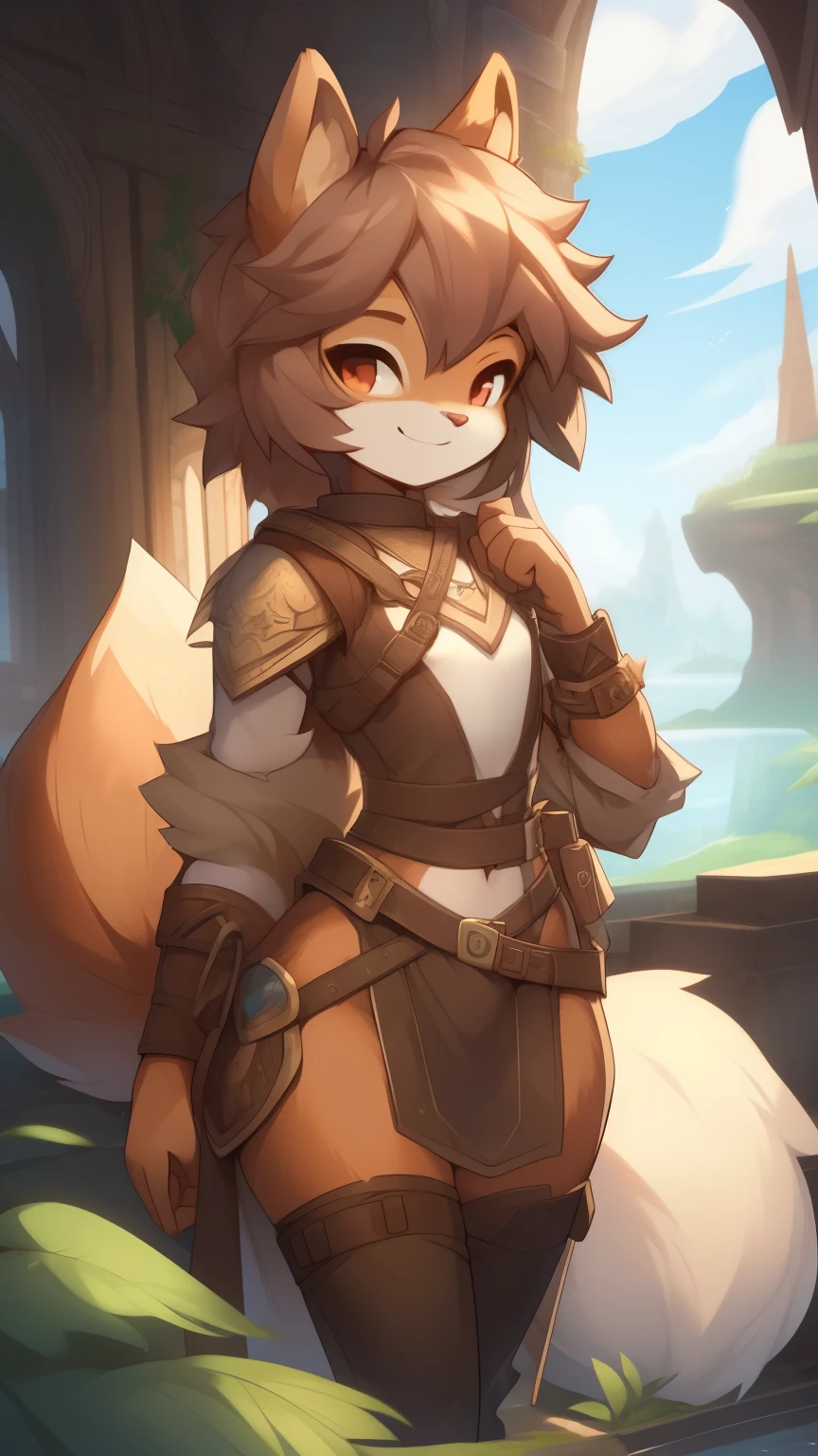 Best quality, Super detailed illustration, (fluffy squirrel boy:1.4) , feminine face and body, disheveled thick hair, Adventurer Equipment,  smug smile, Half-closed eyes , Femboy, small waist, wide hips, Slim, Perfect body, DND style