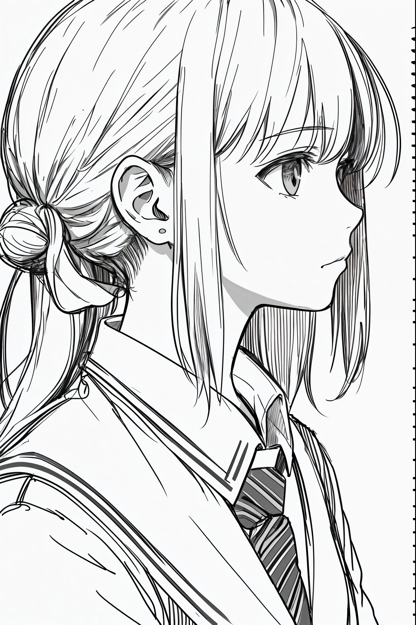 masterpiece, acura, 1girl, solo, short, profile close-up, school uniform, tie, white background, monochrome, line drawing, ((sketch))