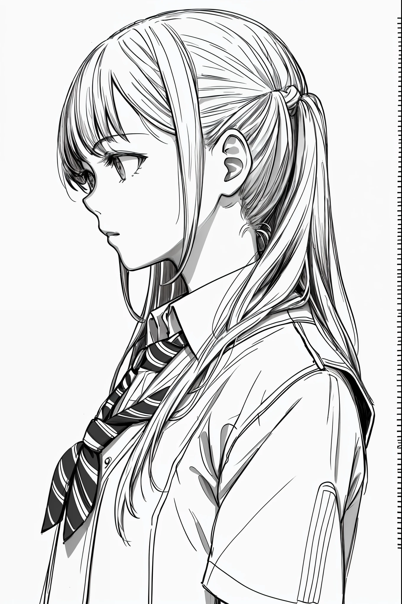 masterpiece, acura, 1girl, solo, short, profile close-up, school uniform, tie, white background, monochrome, line drawing, ((sketch))