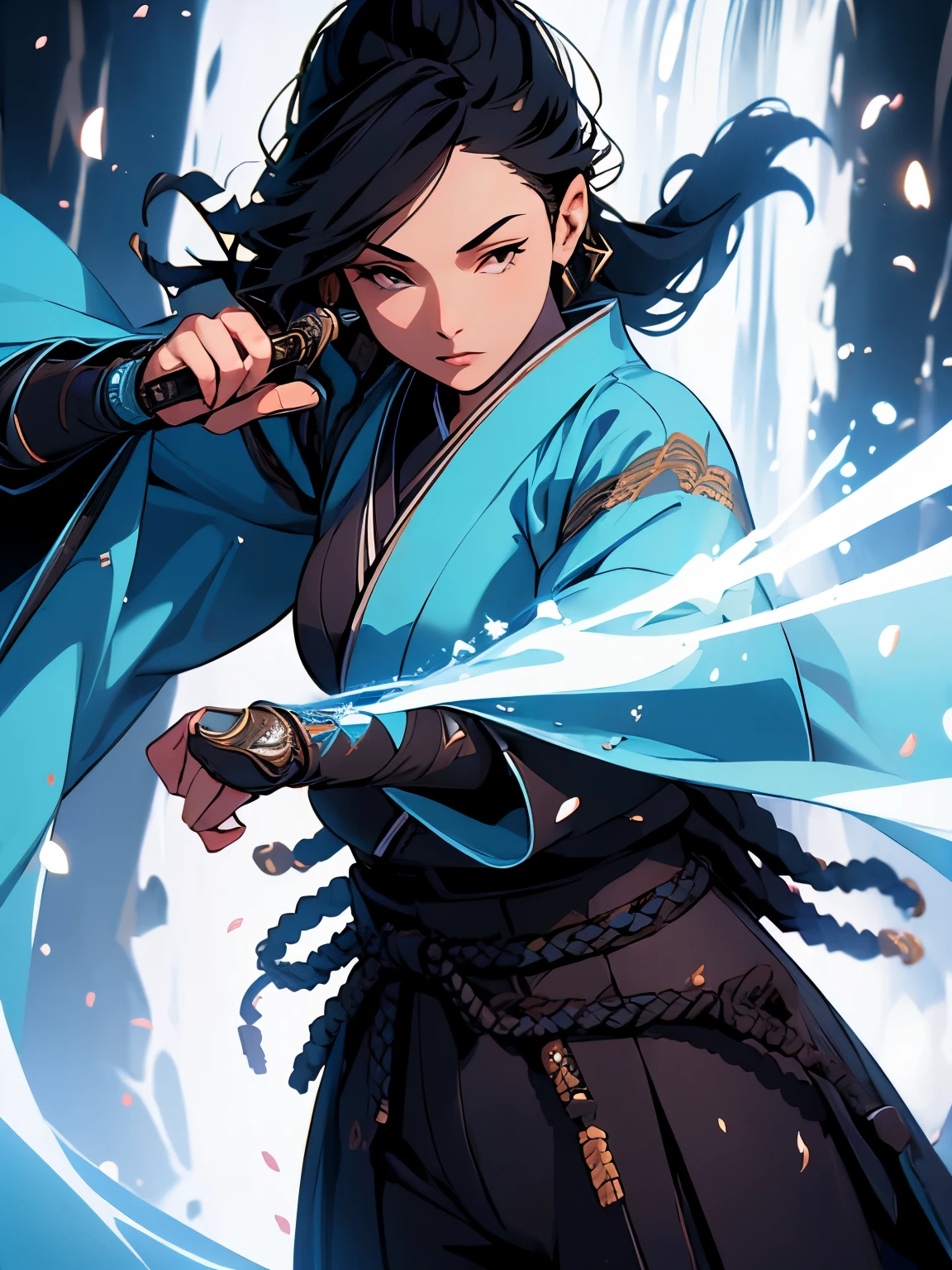 ((masterpiece)),  (high quality: 1.6), 1woman, a drawing of a woman in a revealing kimono outfit holding a sword, she has long black hair, she is holding a katana sword, female samurai, inspired by Tōshūsai Sharaku, katana zero video game character, inspired by Nishikawa Sukenobu, inspired by Maki Haku, fox nobushi holding a naginata, black - haired mage