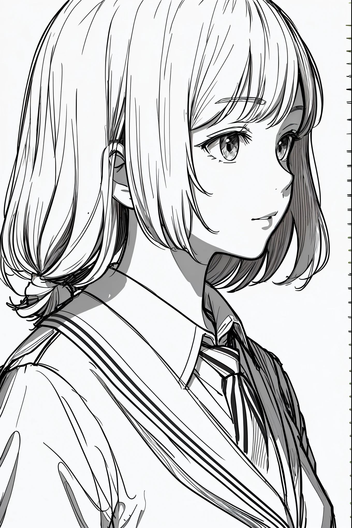 masterpiece, acura, 1girl, solo, short, profile close-up, school uniform, tie, white background, monochrome, line drawing, ((sketch))
