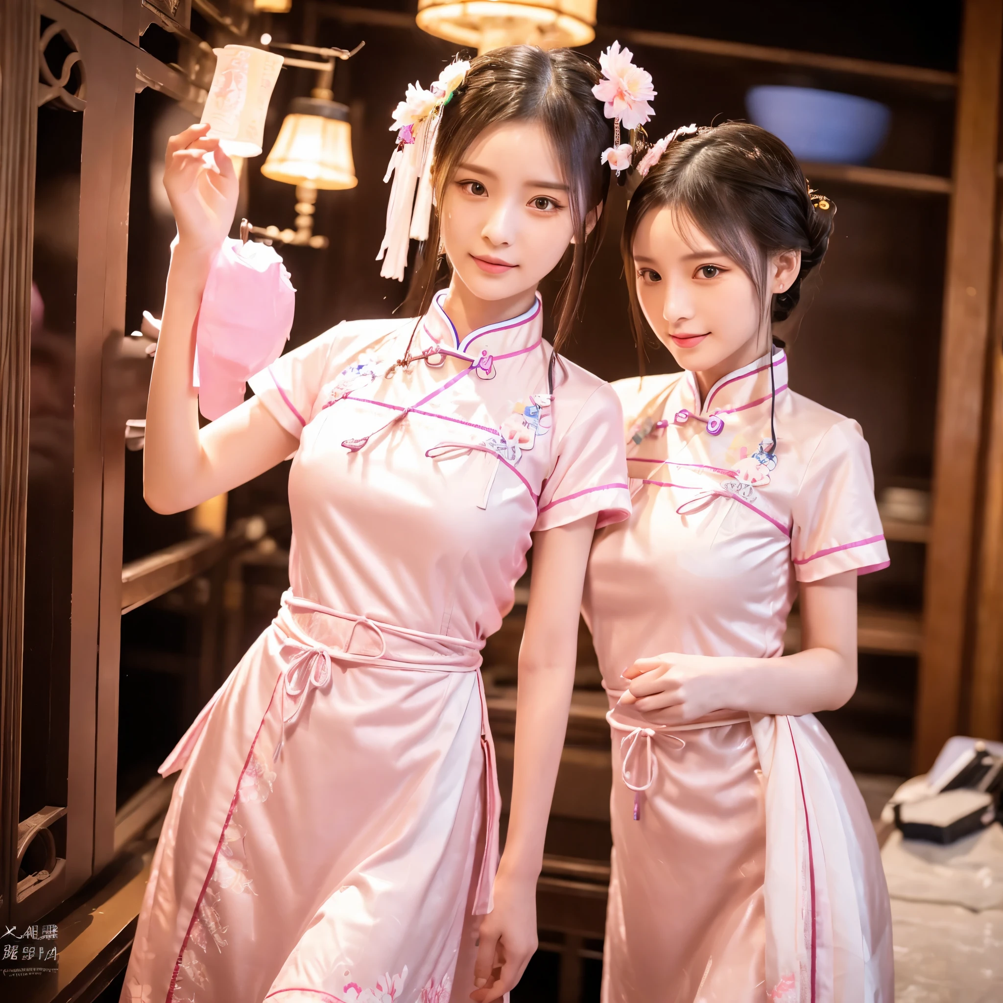 There is a cartoon in dress, Chinese dress, hanbok apron, Chinese costume, Chinese traditional costume, close-up - view, hanbok, wearing ancient Chinese costume, with ancient Chinese costume, palace, a girl in Hanfu, white hanfu, cheongsam, wearing pink flowers Chiton, shadow room, light edge, two-tone lighting, (high detail skin: 1.2), 8k uhd, DSLR, soft light, high quality, volumetric lighting, sneak peek, photo, high resolution, 4k, 8k, Background bokeh