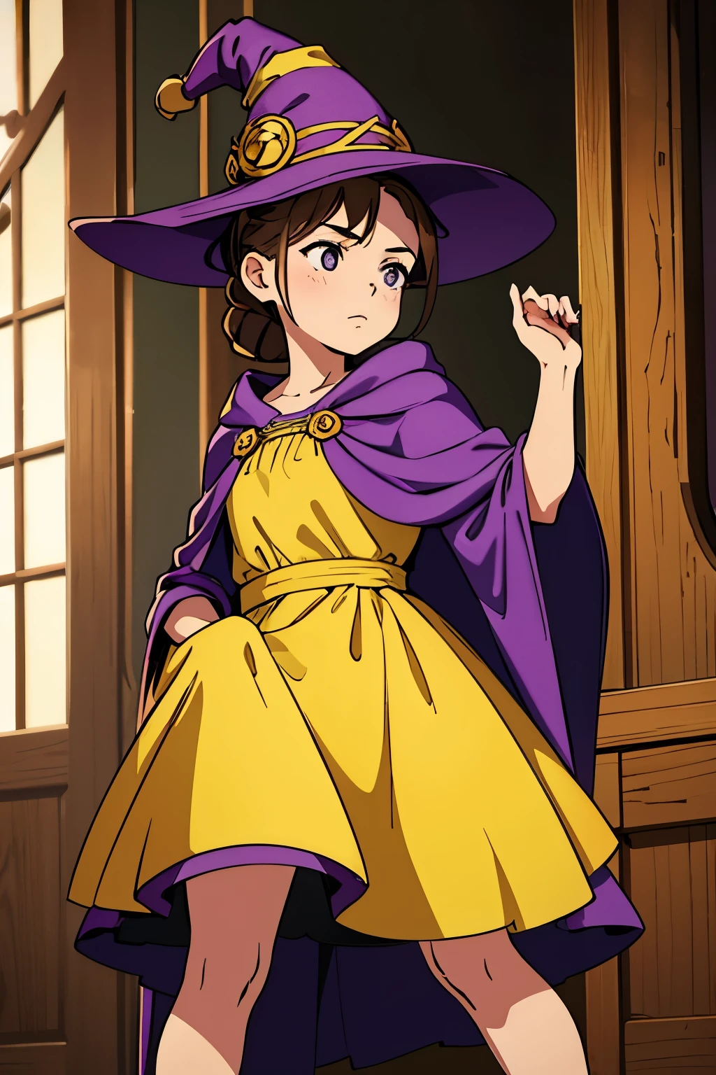 Masterpiece, Best quality), 1 girl, low, dwarf, brown hair tied up in a bun, yellow dress, Purple Cloak, Purple witch hat, enchantress