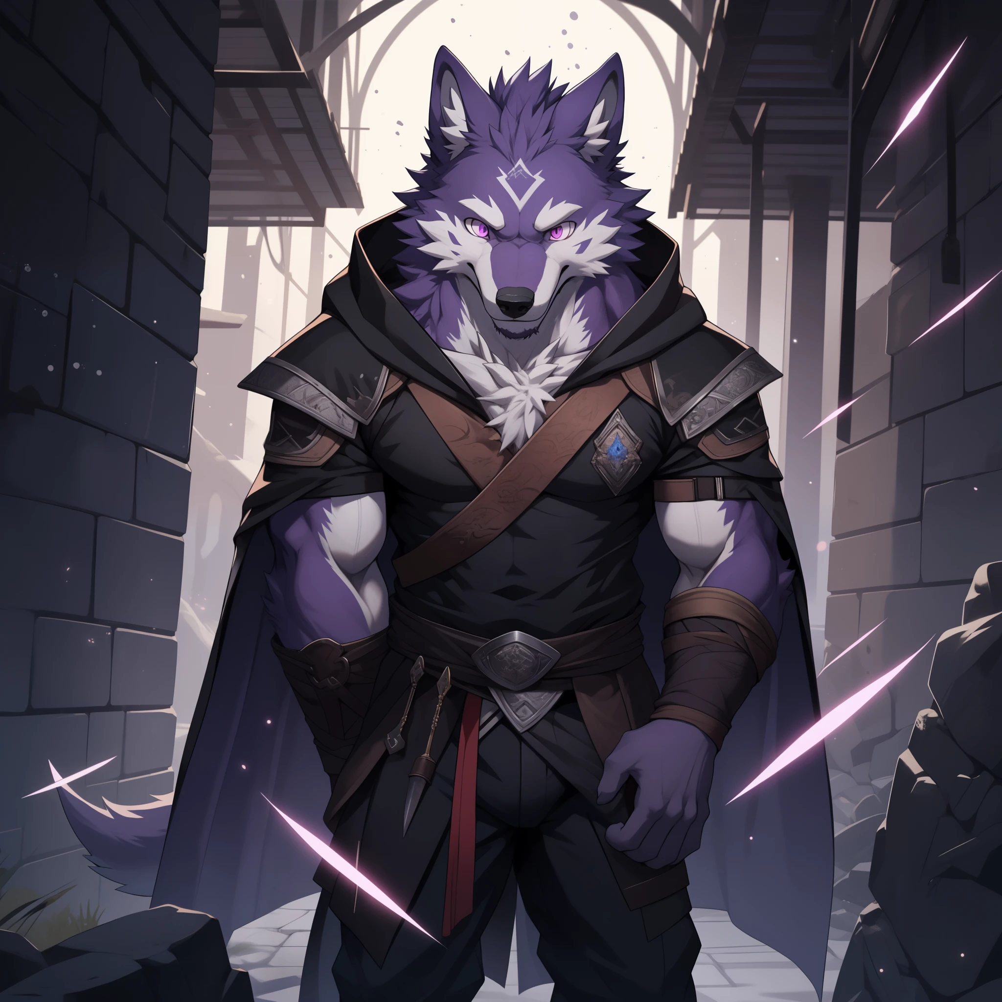 epic fantasy，单people，fantasy spell swordsman, soft lines，perfect lighting，Leaning against the wall, waiting for the employer to arrive，Exquisite composition，Gorgeous，super detailed，mage，cold eyes，There is a hollow white diamond pattern on the front of the forehead，pink purple eyes，hairy，purple fur，purple fur，people(Wolf)，male，19-year-old boy，purple body，white belly，Strong and lean body，Assassin Clothing，night long cloak, super detailed face, (delicate eyes), (The background is a dark and dark underground world scene.:0.5), light particles, (best quality), (masterpiece), high detail, high quality, Award-winning, high resolution, HD, 16k