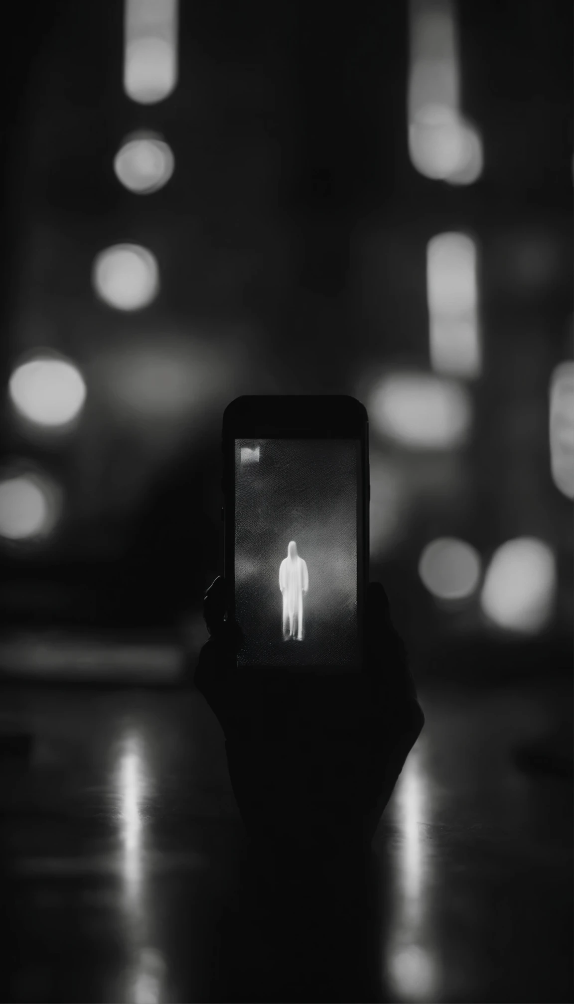 "Generate a chilling image of a glitchy phone screen with a ghostly figure sending cryptic messages, creating an unsettling atmosphere.