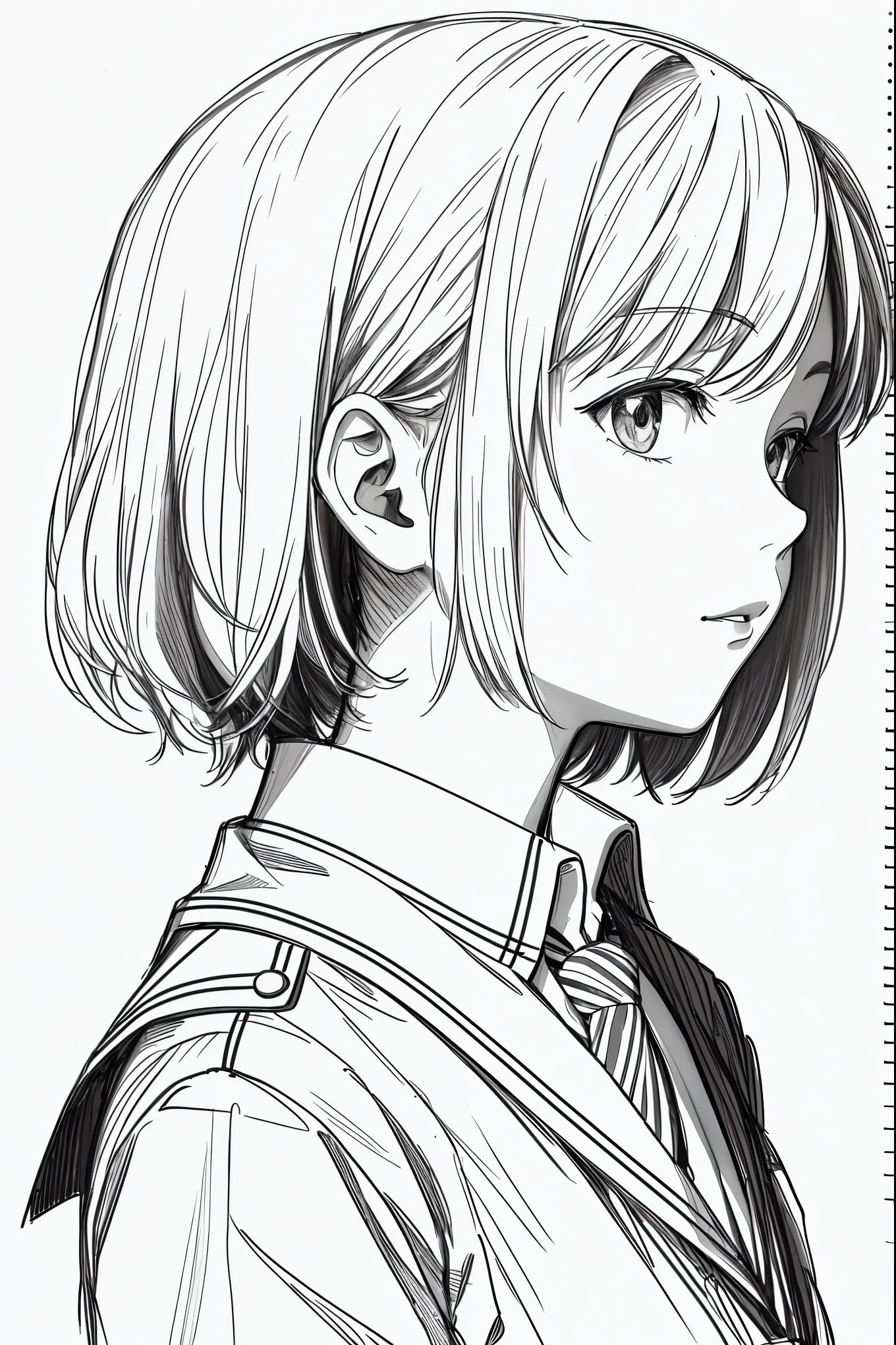masterpiece, acura, 1girl, solo, short, profile close-up, school uniform, tie, white background, monochrome, line drawing, ((sketch))