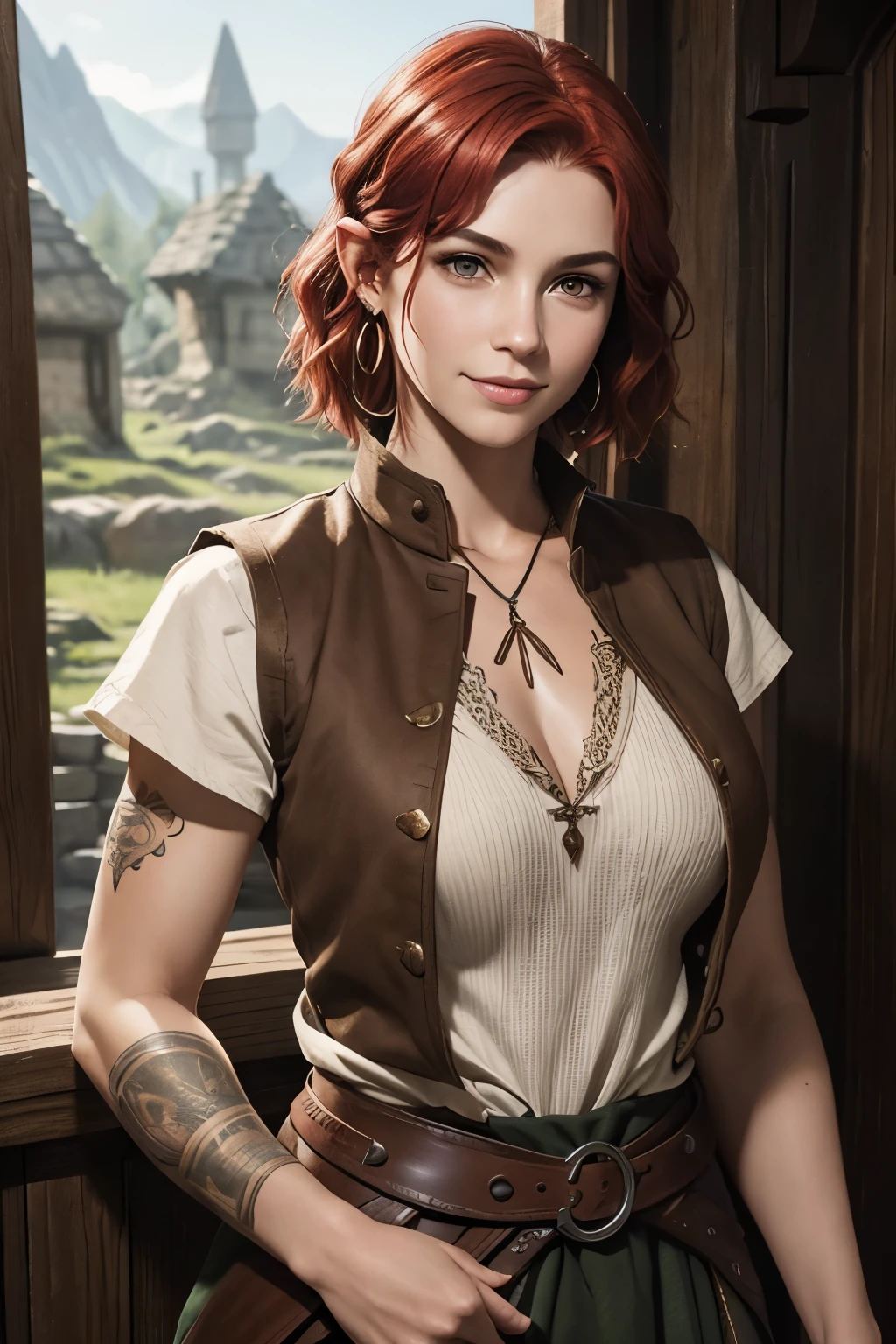 medieval, realistic, 25 years female, clear skin, (red hair, short hair, slight waves hair, shaved hair on the sides), earrings, medium breasts, (brown eyes, thin eyebrows, smiley expression, big nose, full mouth, blush), tattoo on arms, ranger, (tavern keeper clothes, brown and white vest), rpg character, lord of the rings style, dungeons and dragons style, waist and head image