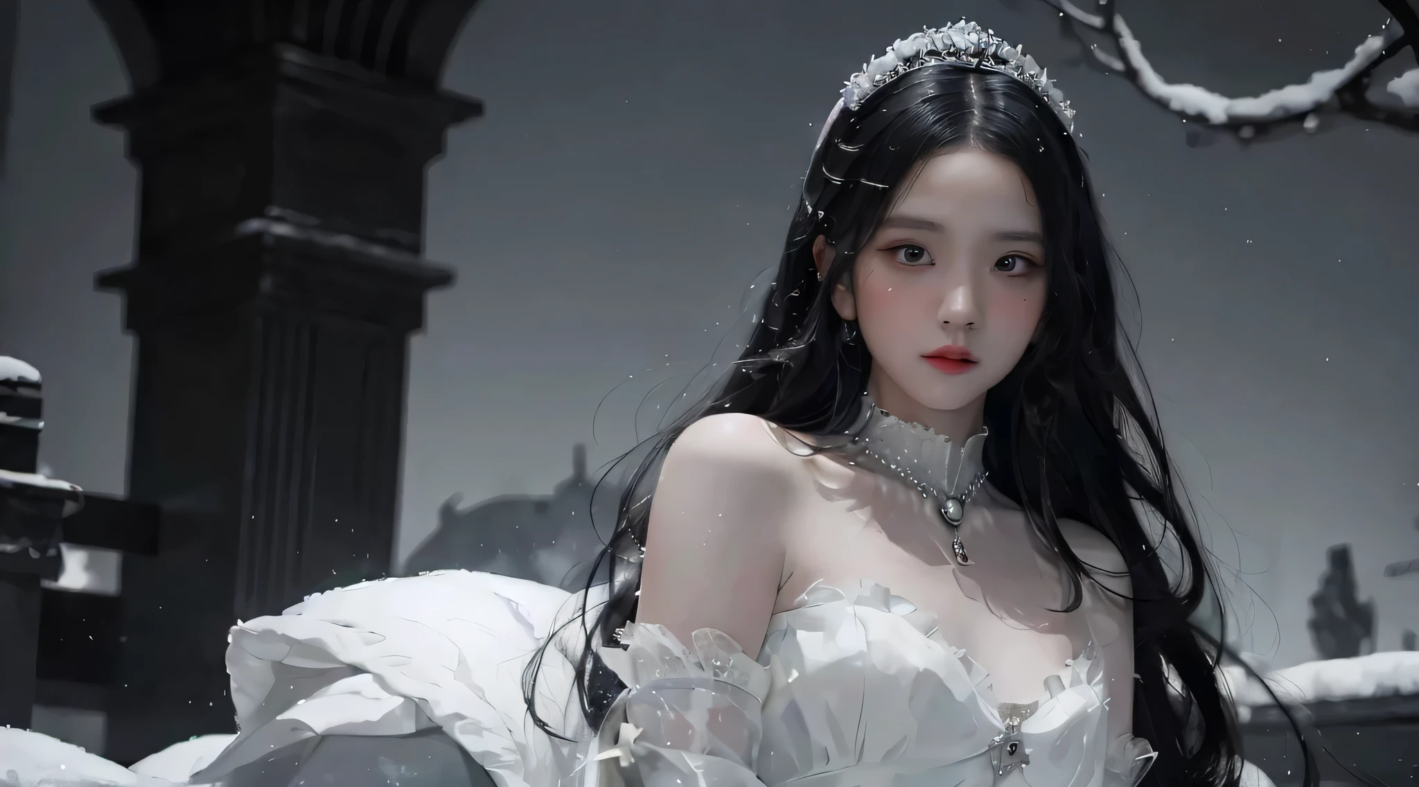 (best quality, highres:1.2), realistic, white dress, black hair, light theme, snow background, snow princess, intense gaze, elegant posture, flowing dress, detailed facial features, long eyelashes, contrast, fine details, dramatic atmosphere, gothic style, intense emotions, monochrome color palette, captivating setting, haunting beauty, artistic photography, everything is white