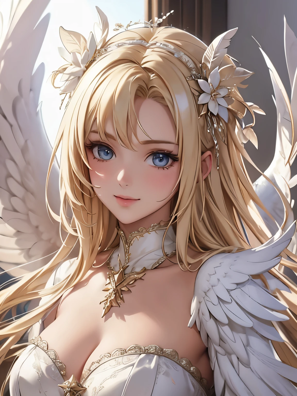 Masterpiece, Angel Girl, blonde with wings, white dress with feathers, close-up portrait, detailed face, a lot of feathers, silver