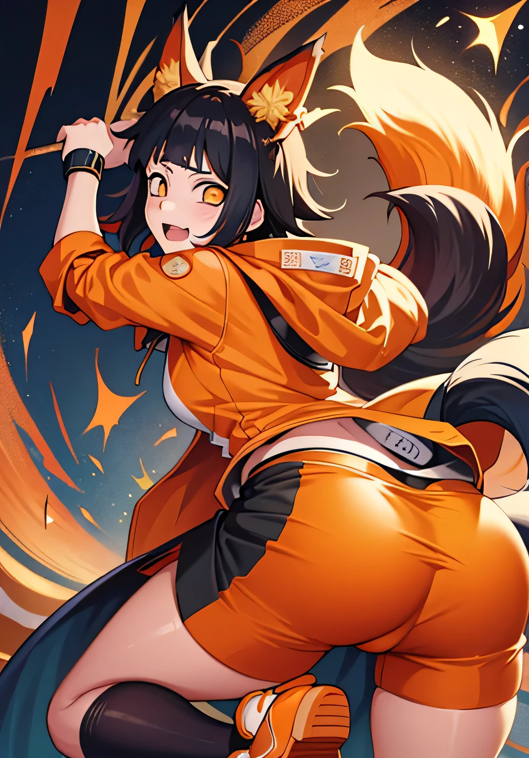 Hinata (Naruto), leaned over and showed her panties, geil, 8k, big ass, orangefarbene Jacke, Fuchsohren