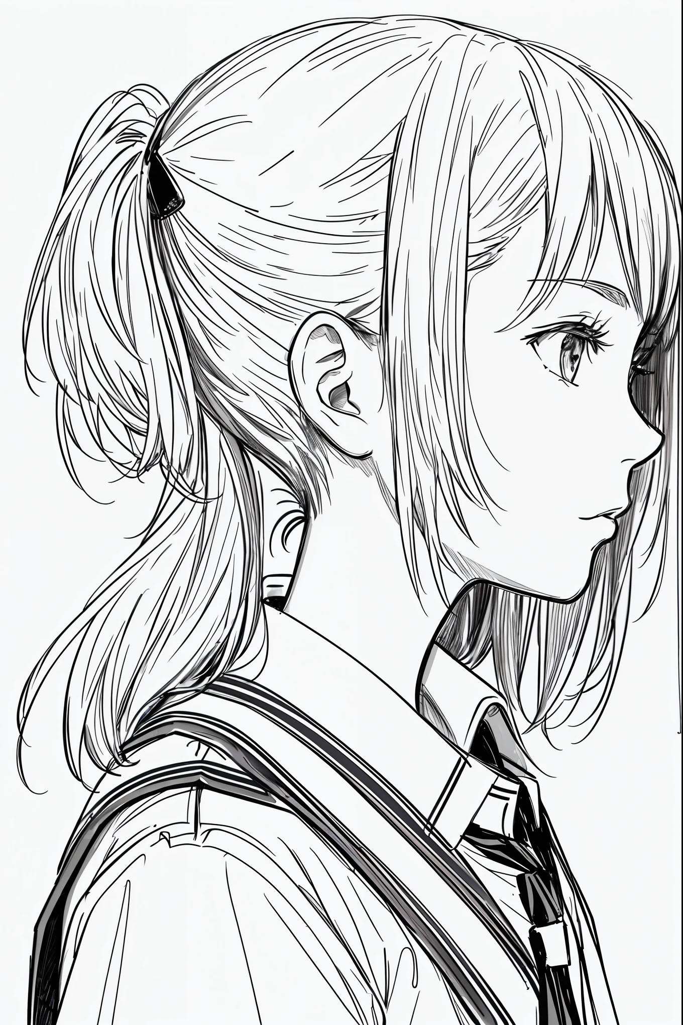 masterpiece, acura, 1girl, solo, short, profile close-up, school uniform, tie, white background, monochrome, line drawing, ((sketch))