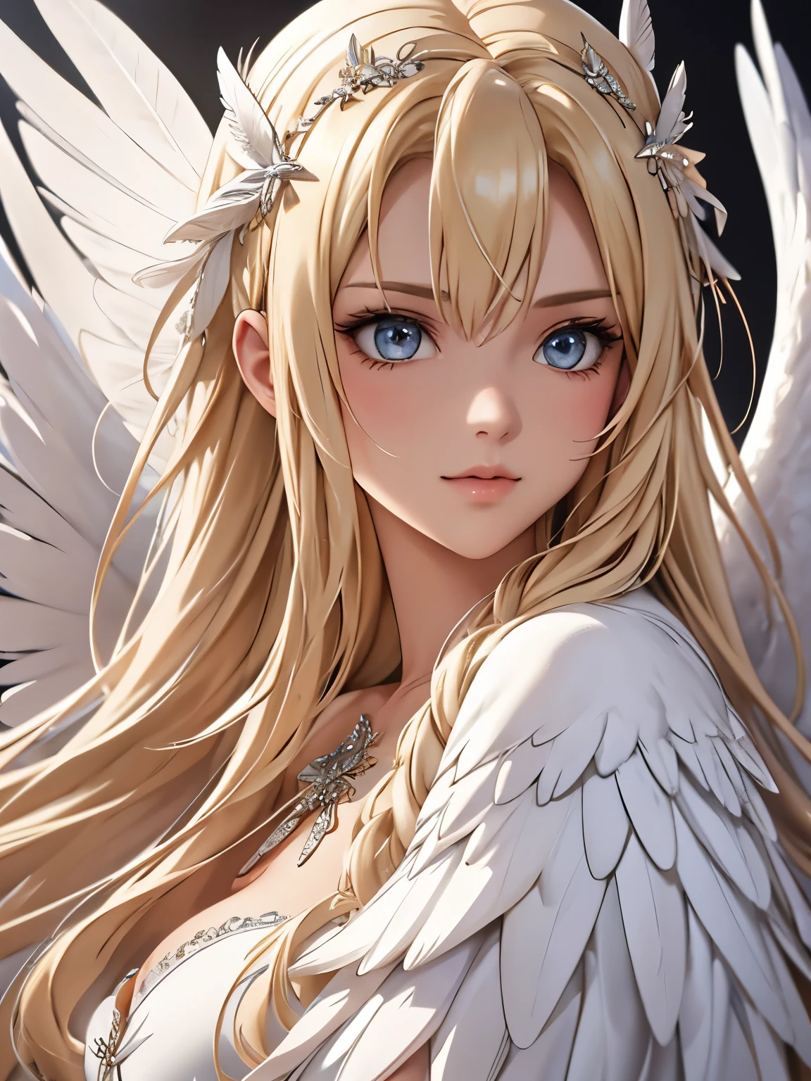 Masterpiece, Angel Girl, blonde with wings, white dress with feathers, close-up portrait, detailed face, a lot of feathers, silver